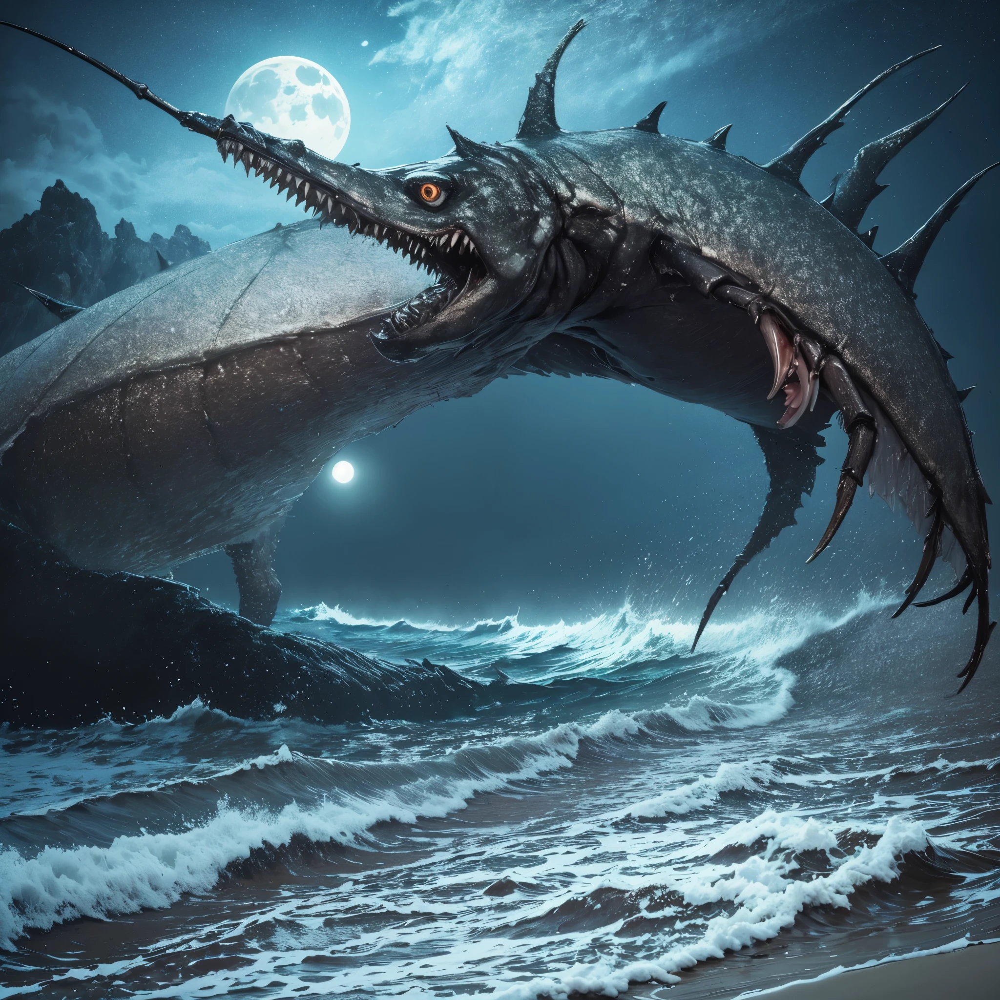 (best quality,highres,realistic),creepy creature, fish-like body, bug eyes, huge mouth with jagged teeth, spider legs, prowling the beach at night, hunting for food, eerie atmosphere, moonlit scene, dark shadows, sinister presence, surreal creature, grotesque features, detailed scales and fins, sharp and menacing teeth, glowing eyes, eerie moonlight casting haunting shadows, mysterious and unknown creature, beach setting, quiet and still night, waves crashing on the shore, horror ambiance