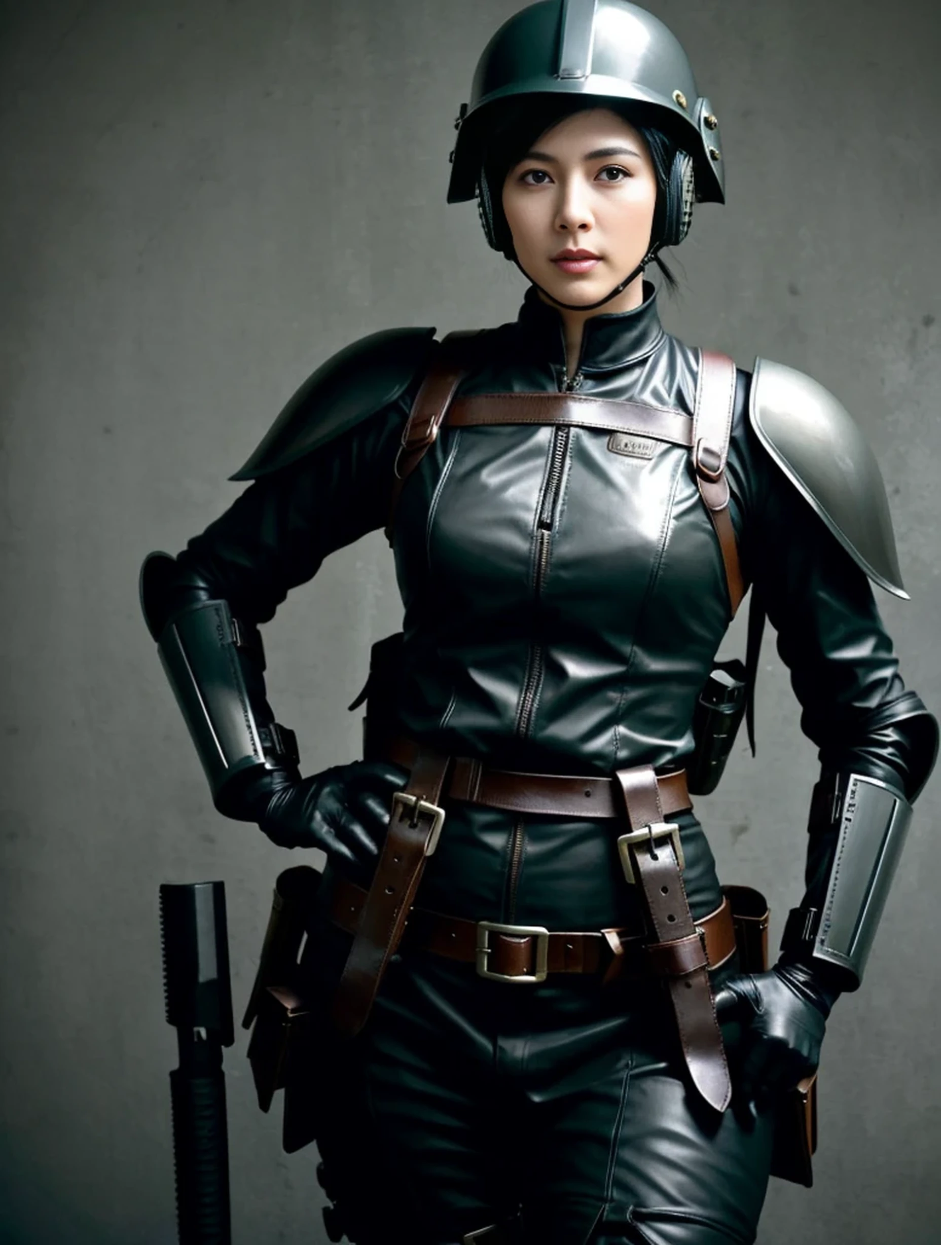 Extremely detailed, very realistic, very sharp, hyperrealistc, hyper realistic, best quality, weapon, standing, glossy, holster, adult long face, 50 age, sharp jaw, face visible, very short hair, face, adult face, long face, rough face, helmet, no skin, military pose, helmet, holster, harness, black latex dieselpunk police, plated, heavy pauldrons, in line, men