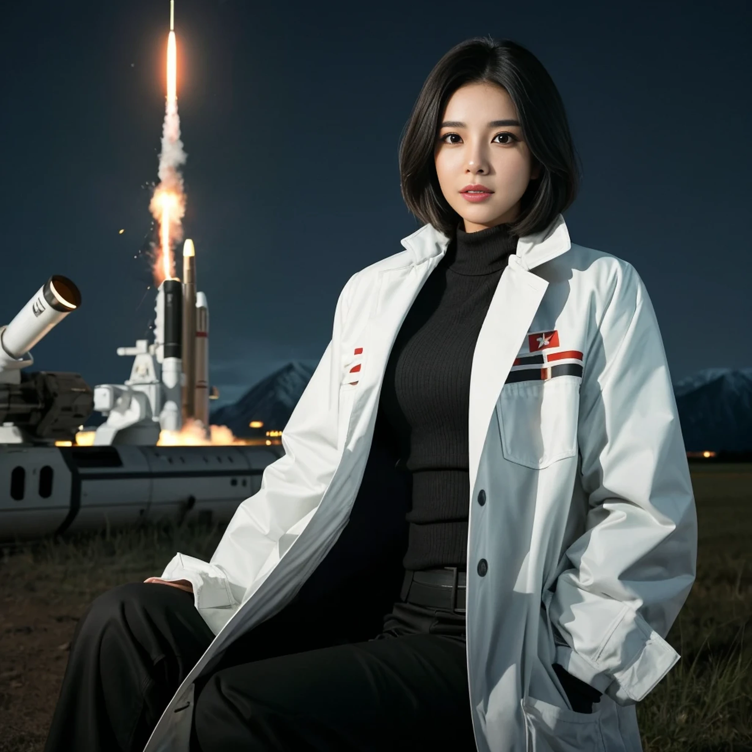 Science Fiction,Sci-Fi Movies,Artillery,Long-Range Missiles,Based on the Movie Foundation ,Woman,Adult,Protagonist,28 years old,hopeful face,brown eyes,short hairstyle,black hair with white gray,scientist uniform,white researcher coat,open meadow,rebel,chaotic,future world,world of socialism,snow,chaos