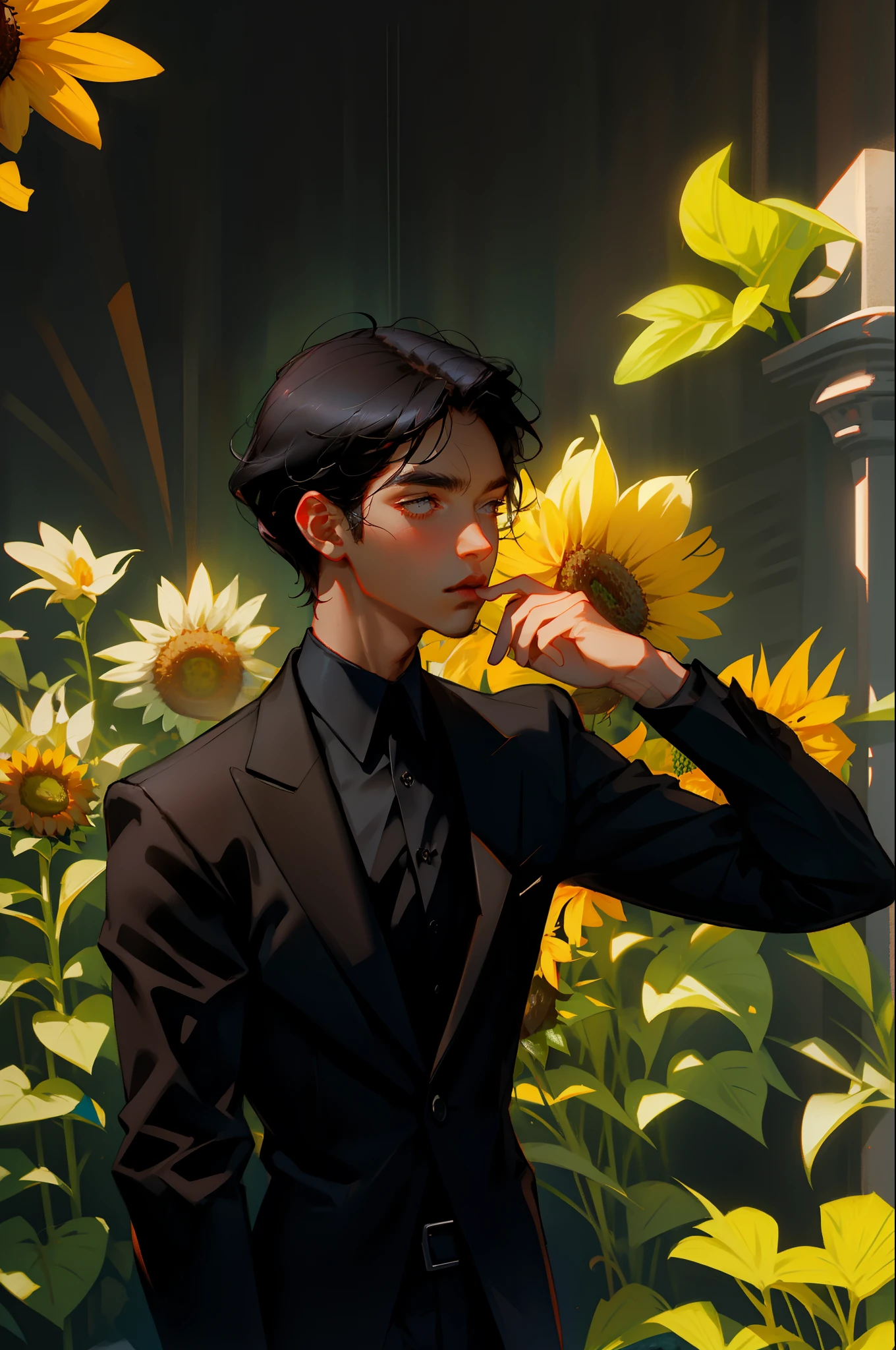 1man, black hair, black suit, holding a sunflower to his face and kissing it, gloomy, dark, short hair