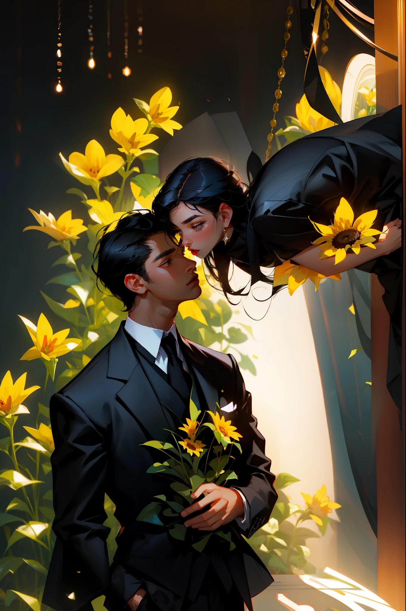 1man, black hair, black suit, holding a sunflower to his face and kissing it, gloomy, dark, short hair