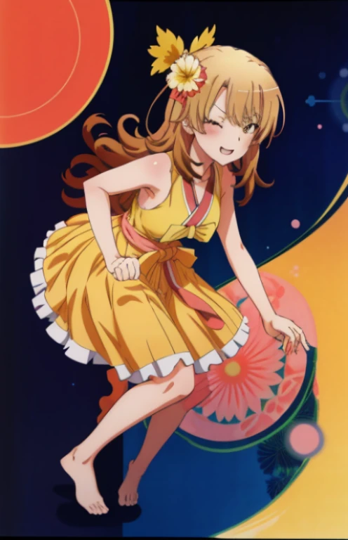 masutepiece, High quality, Best Quality, High resolution, 4K, High Definition, Beautiful lighting,Highly detailed face, well-drawn hands, well-drawn legs,well-drawn feet,well-drawn eyes,1girl in, iroha, Brown hair, The long-haired, hair tied back,flower hair ornament,yellow kimono,Furisode,long skirt,Zouri,shrines,Sunrise,Standing, Smiling , red lines under eyes, Close both eyes, girl peace pose, girl peace sign, (((from the front side))) , Bending down, huge tit, medium ass,