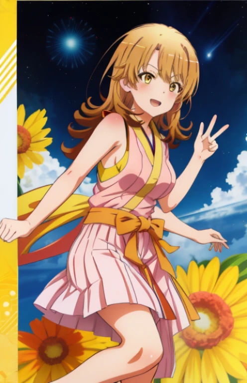 masutepiece, High quality, Best Quality, High resolution, 4K, High Definition, Beautiful lighting,Highly detailed face, well-drawn hands, well-drawn legs,well-drawn feet,well-drawn eyes,1girl in, iroha, Brown hair, The long-haired, hair tied back,flower hair ornament,yellow kimono,Furisode,long skirt,Zouri,shrines,Sunrise,Standing, Smiling , red lines under eyes, Close both eyes, girl peace pose, girl peace sign, (((from the front side))) , Bending down, huge tit, medium ass,
