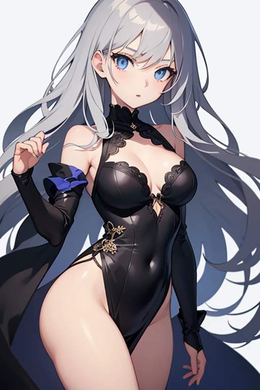 1girl, anime, cute girl, blank background, white background, fantasy, detailed dark fantasy dress with highlights, beautiful face, beautiful eyes, dark colors, silver hair, slightly small breasts, slight cleavage, beautiful skin, cute, breast curtains, extremely delicate and beautiful, (beautiful detailed face:1.0), (detailed deep eyes), symmetrical breasts, deep eyes, shiny skin, portrait, slender waist, hips wider than shoulders, thighs, young girl, expressionless