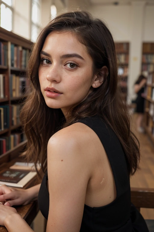 ((best quality)), ((masterpiece)), (detailed), perfect face realistic photo of beautiful woman with long dark brown hair, Russian, influencer, light freckles, dark brown eyes, big lips, no makeup, instagram, in a library, wearing thight black dress