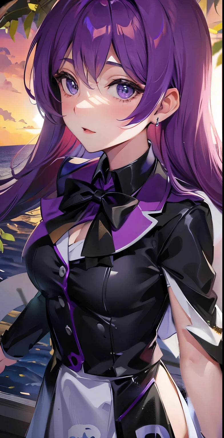 purple hair purple eyes,8K分辨率,sandbeach,beachside,the sunset