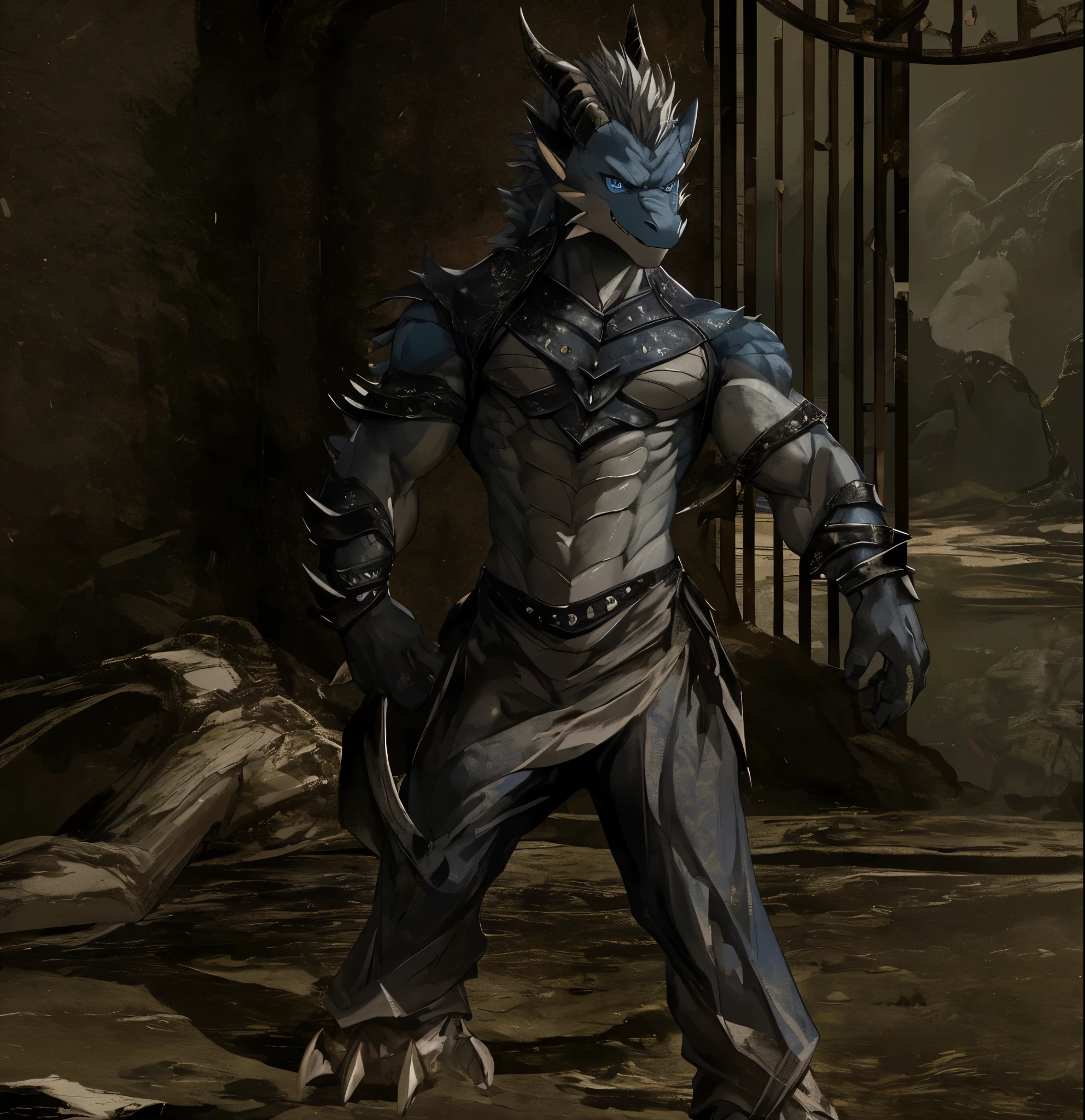 Masterpiece, solo, male, Dragon furry, blue eyes, handsome, good looking, short gray hair, 2 grey horns, muscular, fierce, cool pose