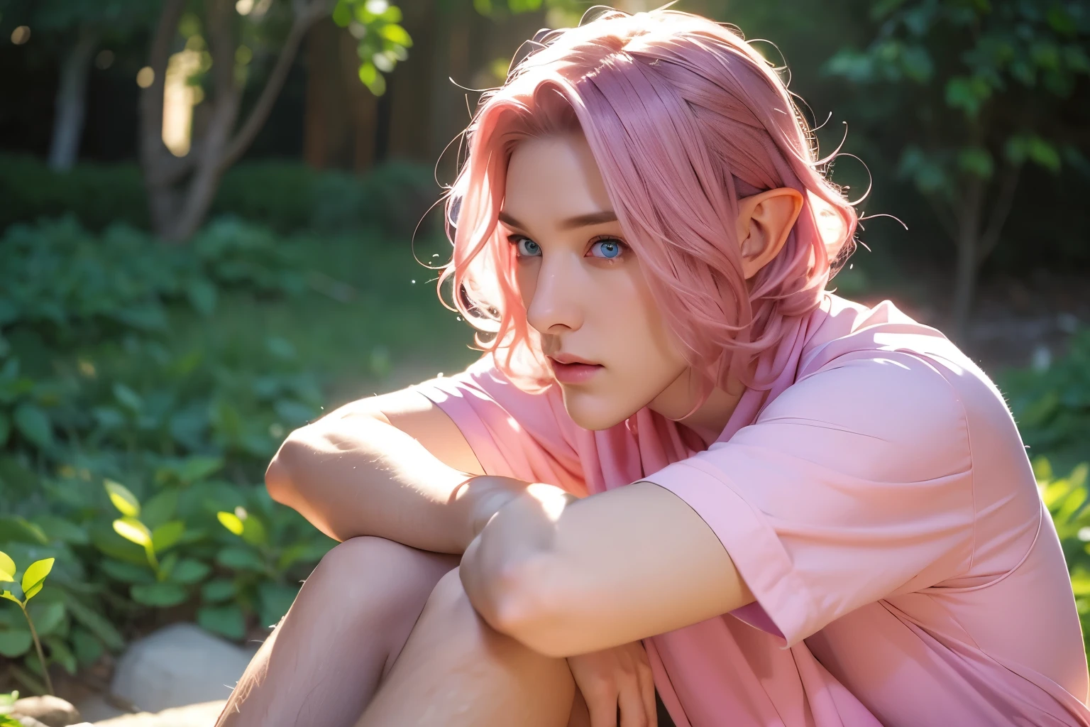 Man, male, young, boy, pink hair, short wavy hair, blue eyes, elf, sitting, man, male, Male, male, elf ear