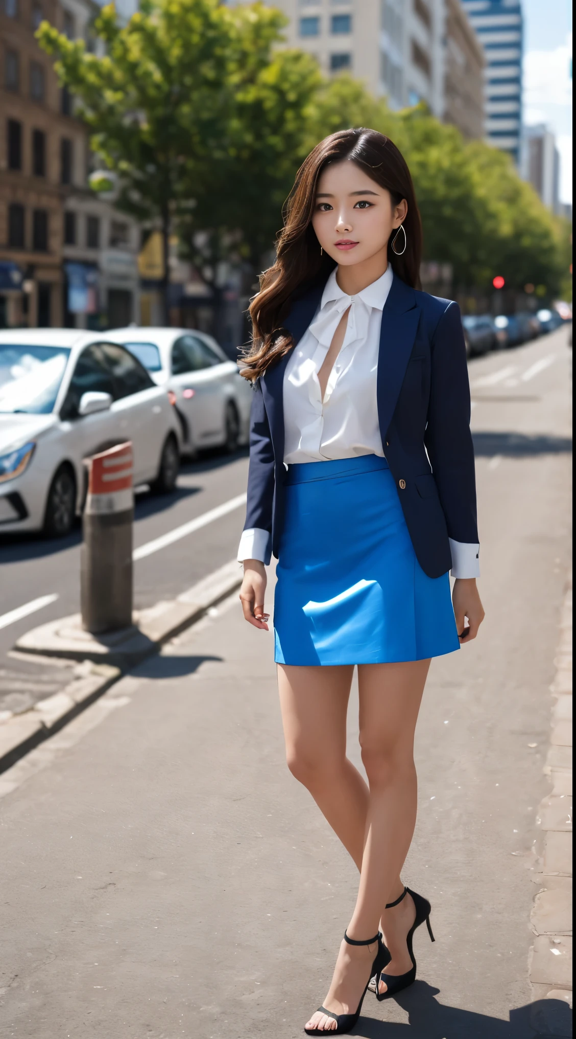 Best Quality、Top image quality、Ultra HD Images、((1人の女性、View photographer))、((Well-formed face、Actress face、Model face))、Shot from a distance、Standing、Model body type、Officelady、Slender Beauty、((Blue suit、Ribbon blouse、Blue tight skirt、high-heels))、((Perfect limbs))