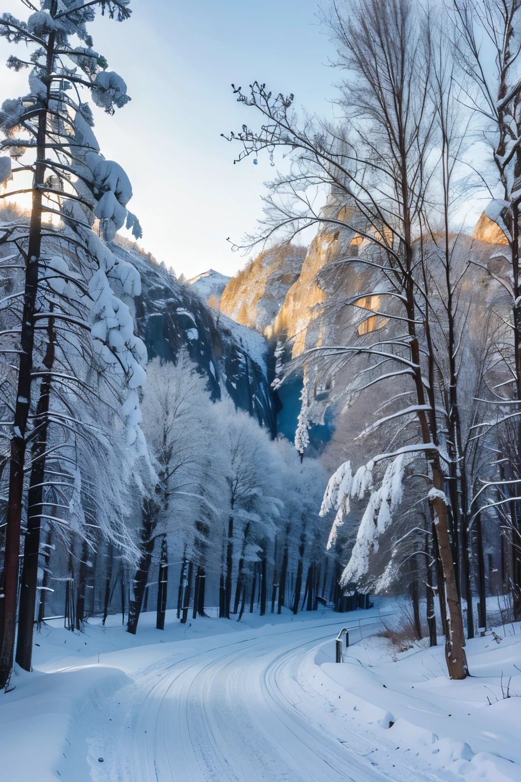(Uma Estrada, Nevada),Winter wonderland,Snow covered trees and mountains,freshly fallen snow,Glittering icicles,Nev Macias Manta,Inferno Mural,nature in all its beauty,(Best quality at best,4K,8K,,main part:1.2),ultra - detailed,actual:1.37,HighDynamicRange,Soft natural light,Sutil Core Palette,tmasterpiece