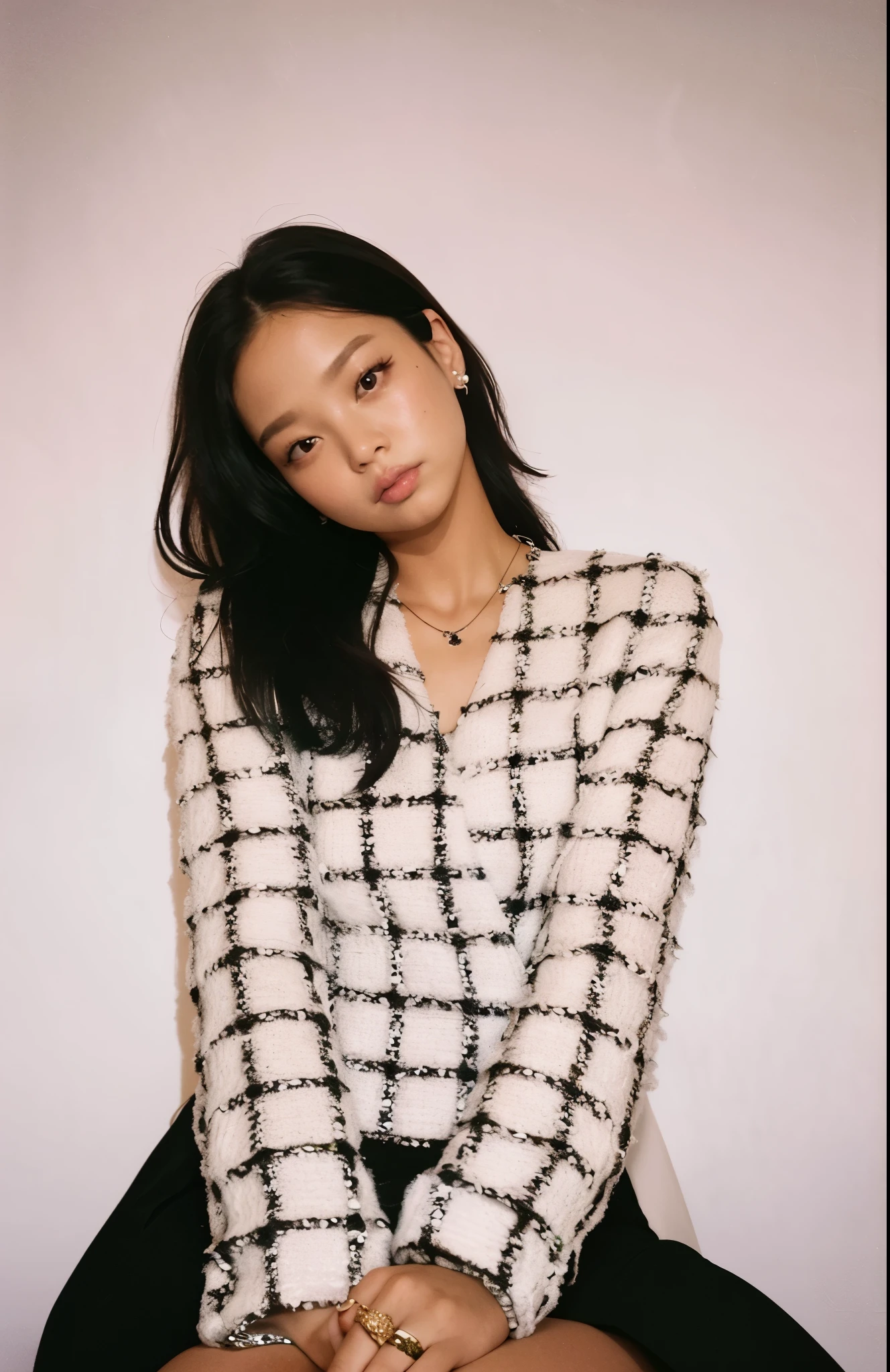 A woman sitting on a chair wearing a black and white sweater, jennie blackpink, Jinyoung Canela, Heonhwa Choe, Parque Roseanne do Blackpink, jossi do blackpink, gemma chen, portrait of jossi do blackpink, Lulu Chen, Lee Ji - Eun, Lee Ji-eun, Gongbi, Jiyun Chae, Bae Suzy