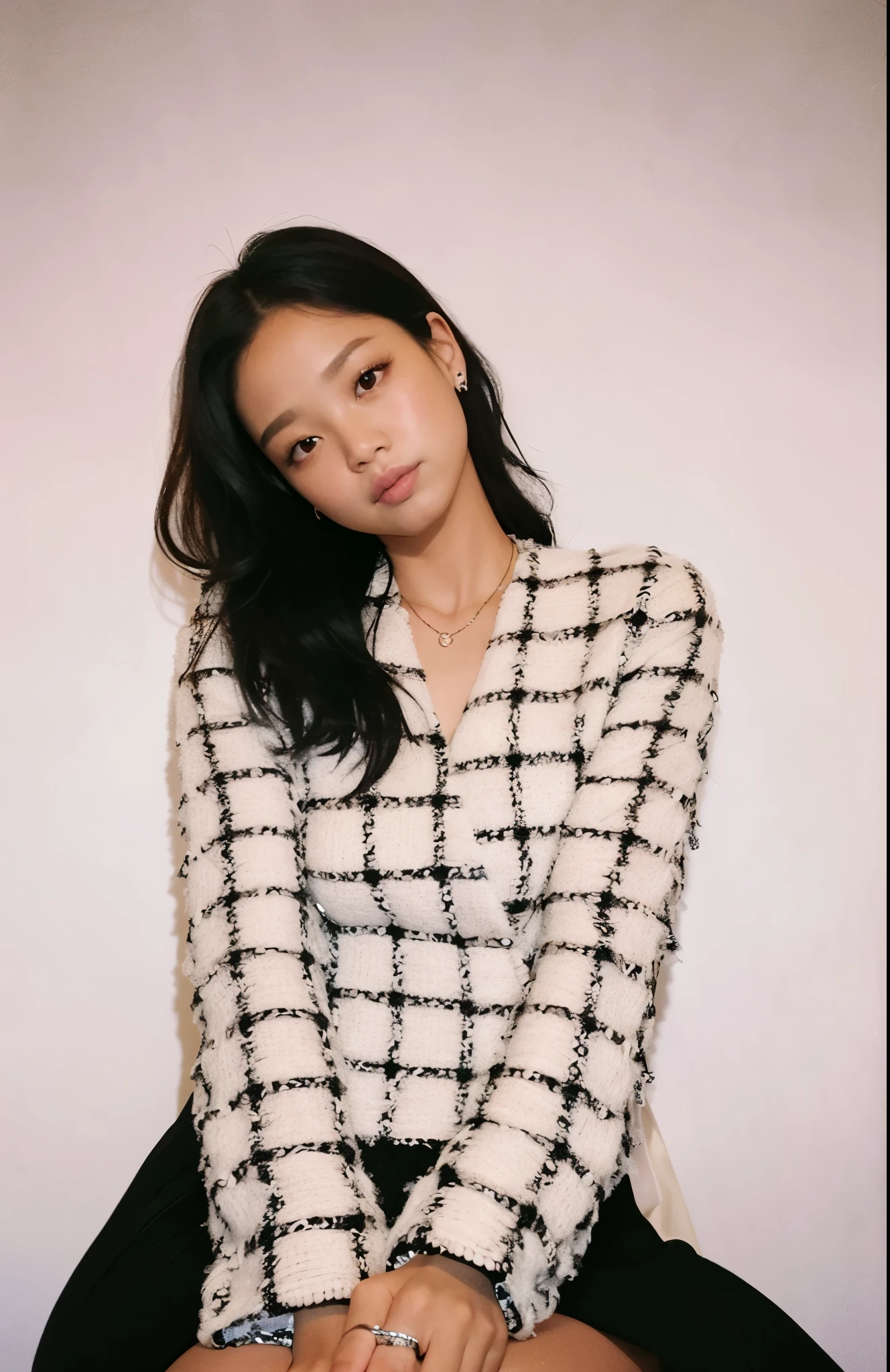 A woman sitting on a chair wearing a black and white sweater, jennie blackpink, Jinyoung Canela, Heonhwa Choe, Parque Roseanne do Blackpink, jossi do blackpink, gemma chen, portrait of jossi do blackpink, Lulu Chen, Lee Ji - Eun, Lee Ji-eun, Gongbi, Jiyun Chae, Bae Suzy