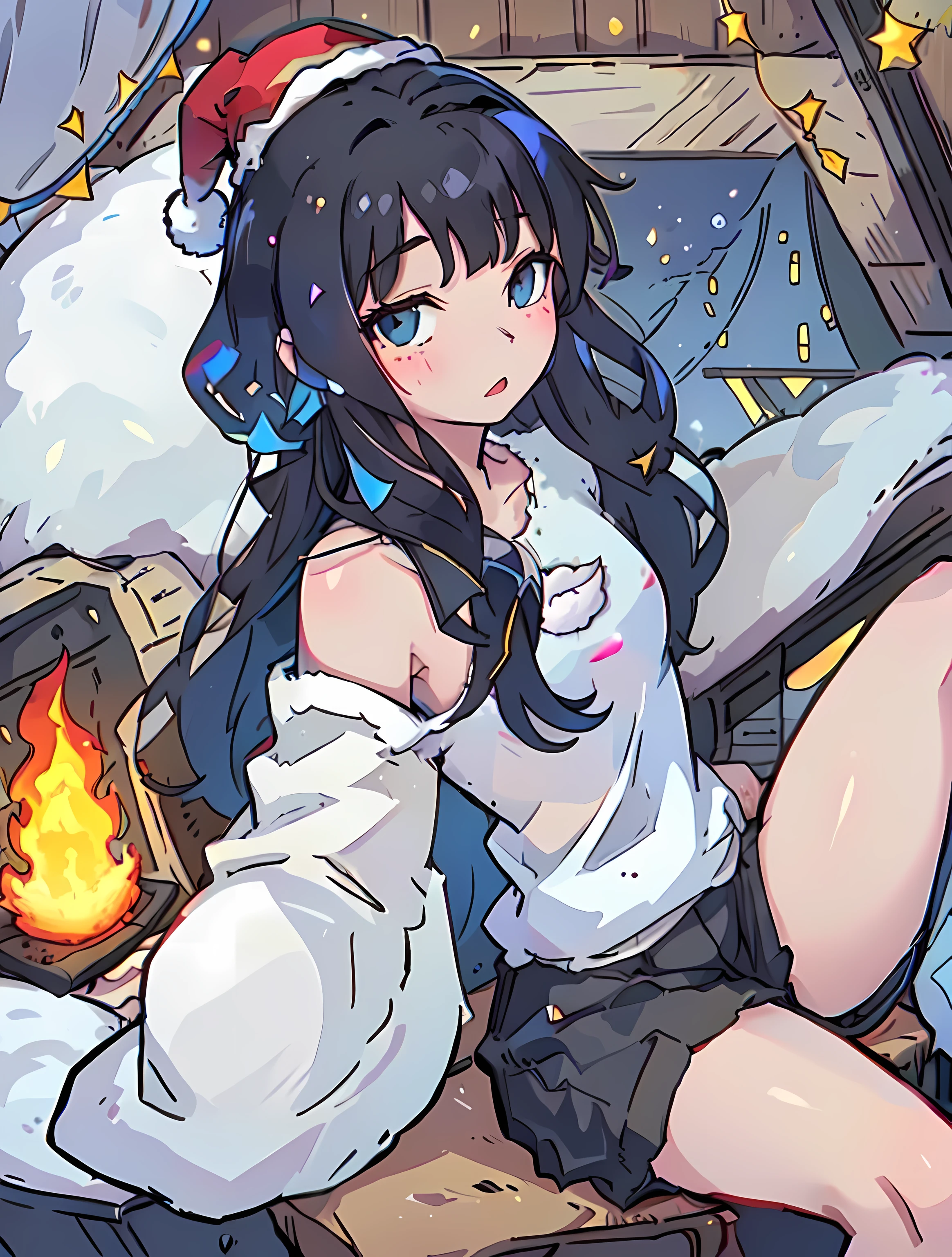 一个側Lie down in bed的女孩,Black medium long hair。
The drawing center is located in a log cabin, Lie down in bed。Wooden bed with white mattress,Emphasis on the warmth of the surrounding fire。
Draw the details of the cabin,Make the picture more realistic,focuses on the girl'blue colored eyes。
Describes her wearing a Santa hat,Highlight the festive spirit。dressed in性感红色圣诞礼服的女孩的描绘,Expose your navel。
Emphasis on her Santa hat'dressed in,Fill the picture with a joyful and festive atmosphere。