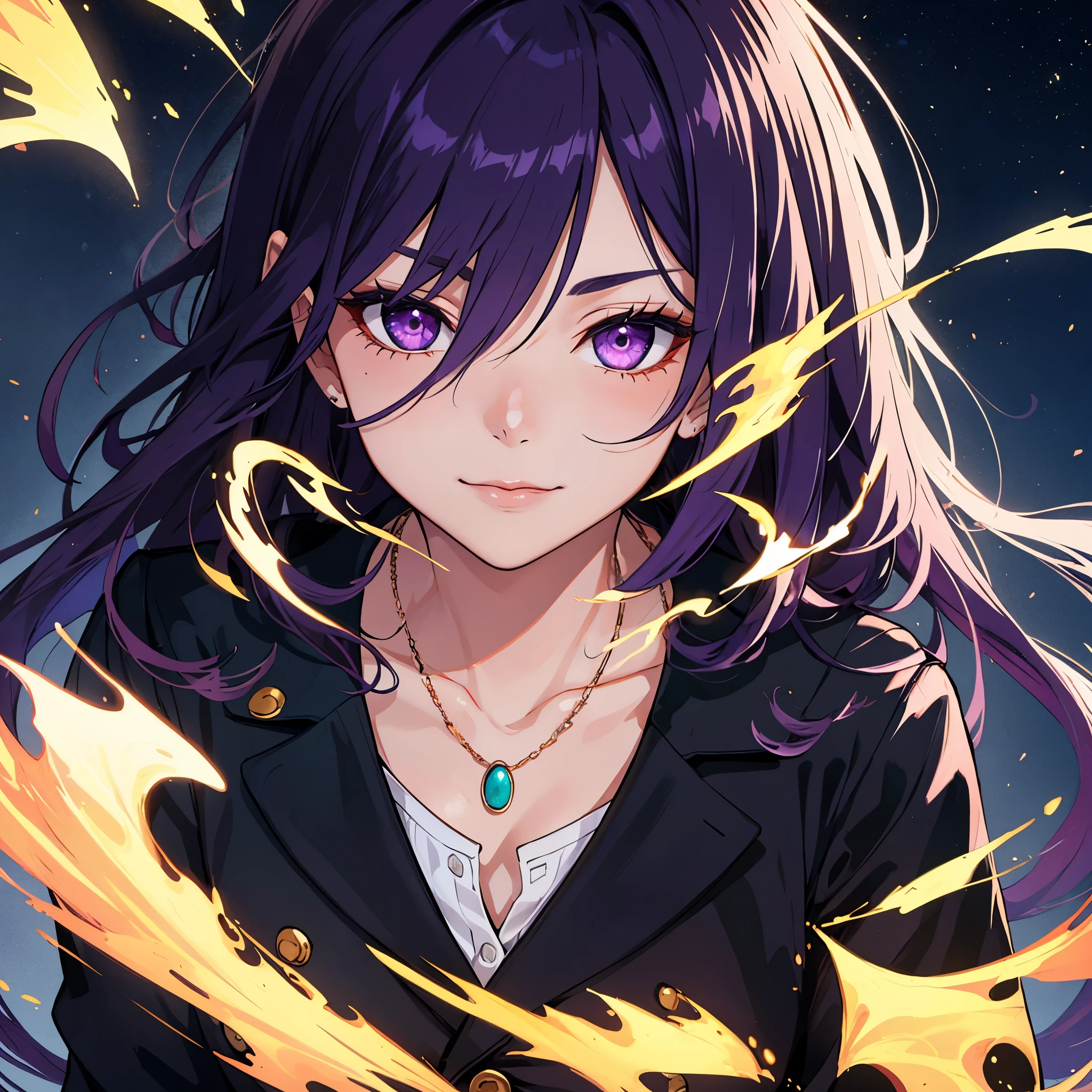 hight resolution, topquality, illustartion, overdetalization, (detaled face), (Detail Eyes), beste-Qualit, hyper-detailing, tmasterpiece, Fine lines, 1girl, 独奏, long purple hair, violet eyes, Black Blazer, white shirt, a necklace, gloweyes, Average Breasts, upper-body, smug, En plein air, Beautiful Night Park