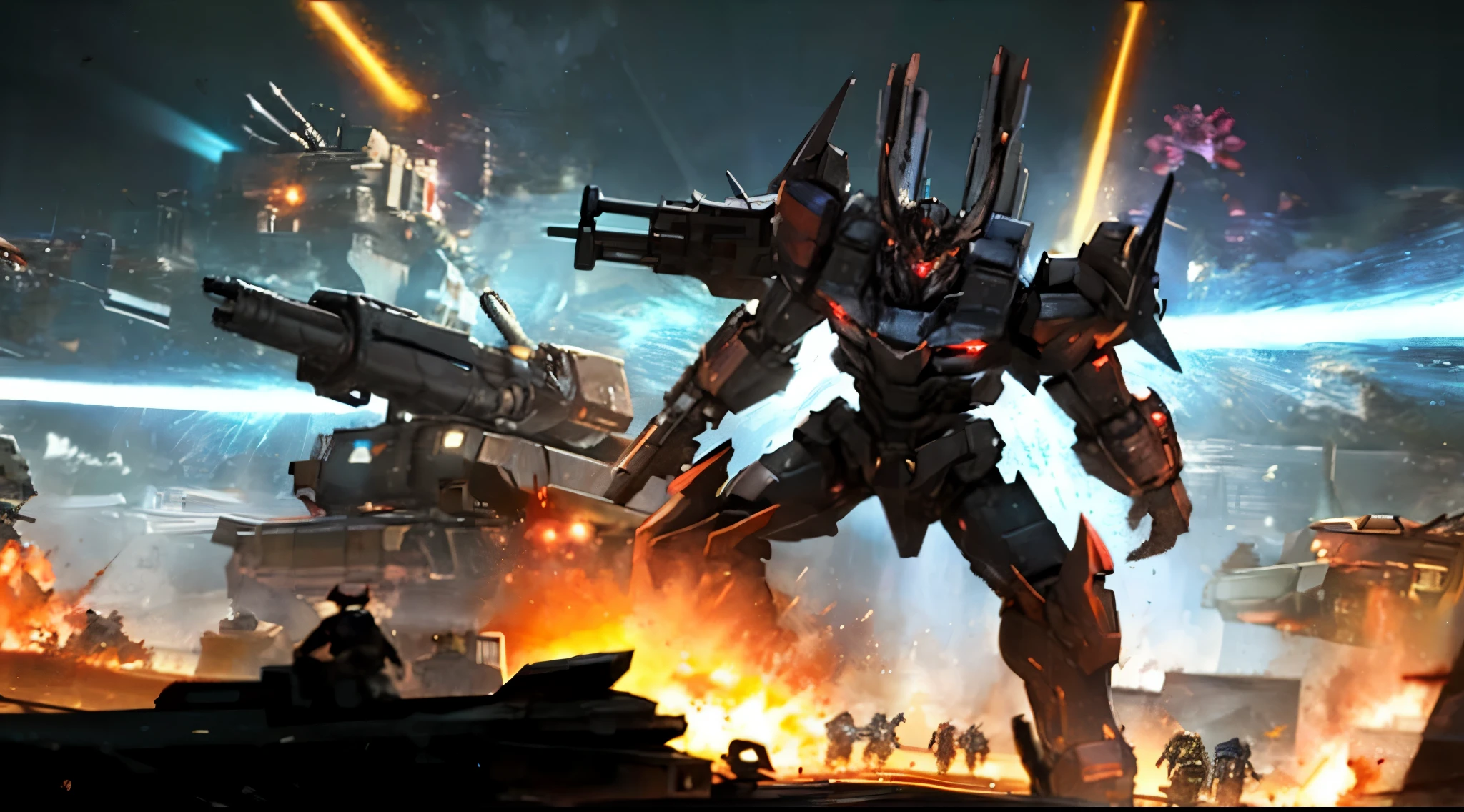 In the desolate cityscape of the night, a high-tech armored unit unleashes the powerful beams of their ion cannons, illuminating the sky as they engage a demonic horde. Stark, futuristic, neon-lit, intense battle, high definition, ultra-detailed, ultra-fine painting, extremely delicate, creativity, Natural light, cinematic lighting, best shadow, masterpiece-anatomy-perfect