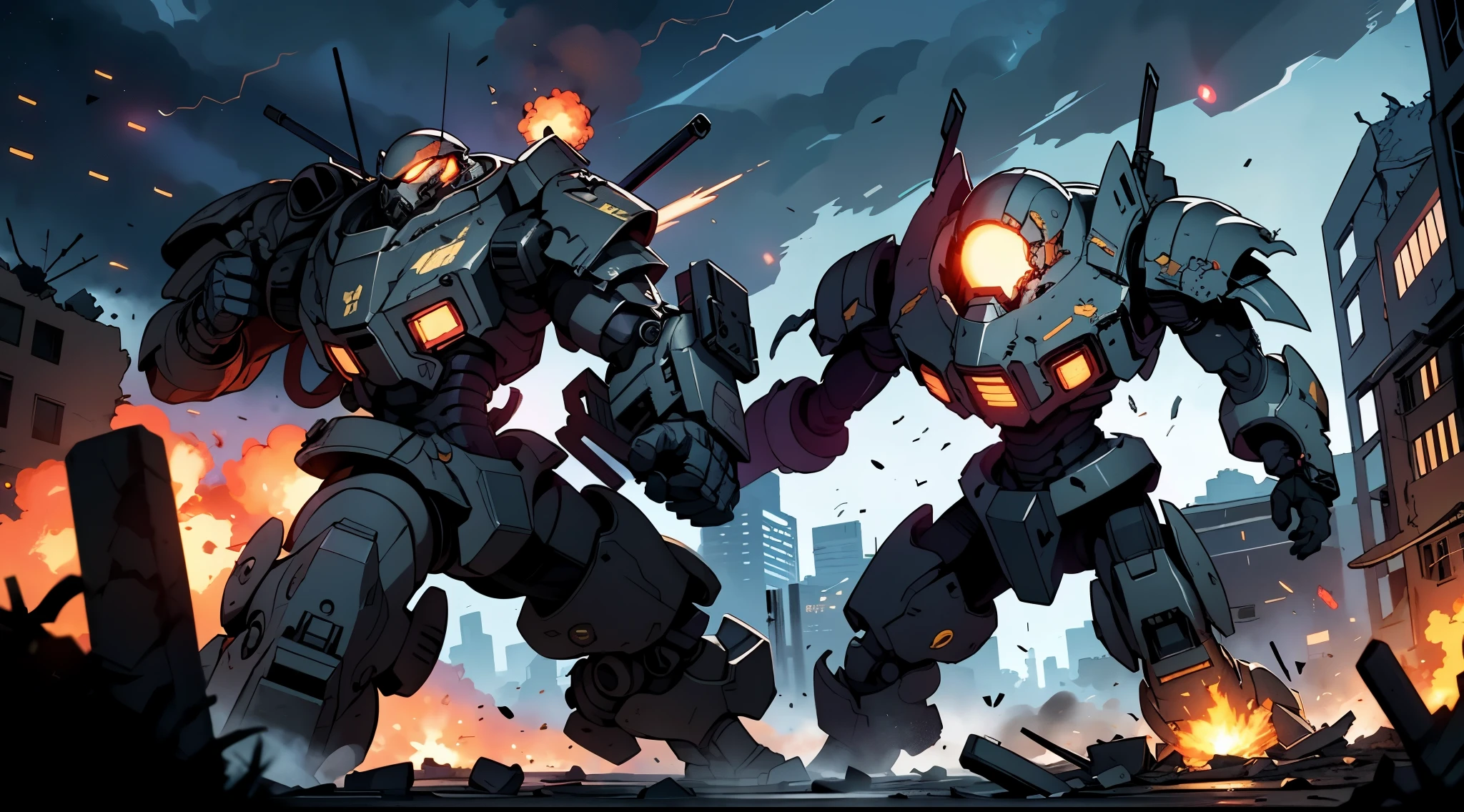 Battling through the night in a dilapidated city, a technologically advanced armored force employs ion cannons to fend off demonic invaders. The atmosphere is tense, with the eerie glow of the ion blasts revealing the chaos and destruction unfolding