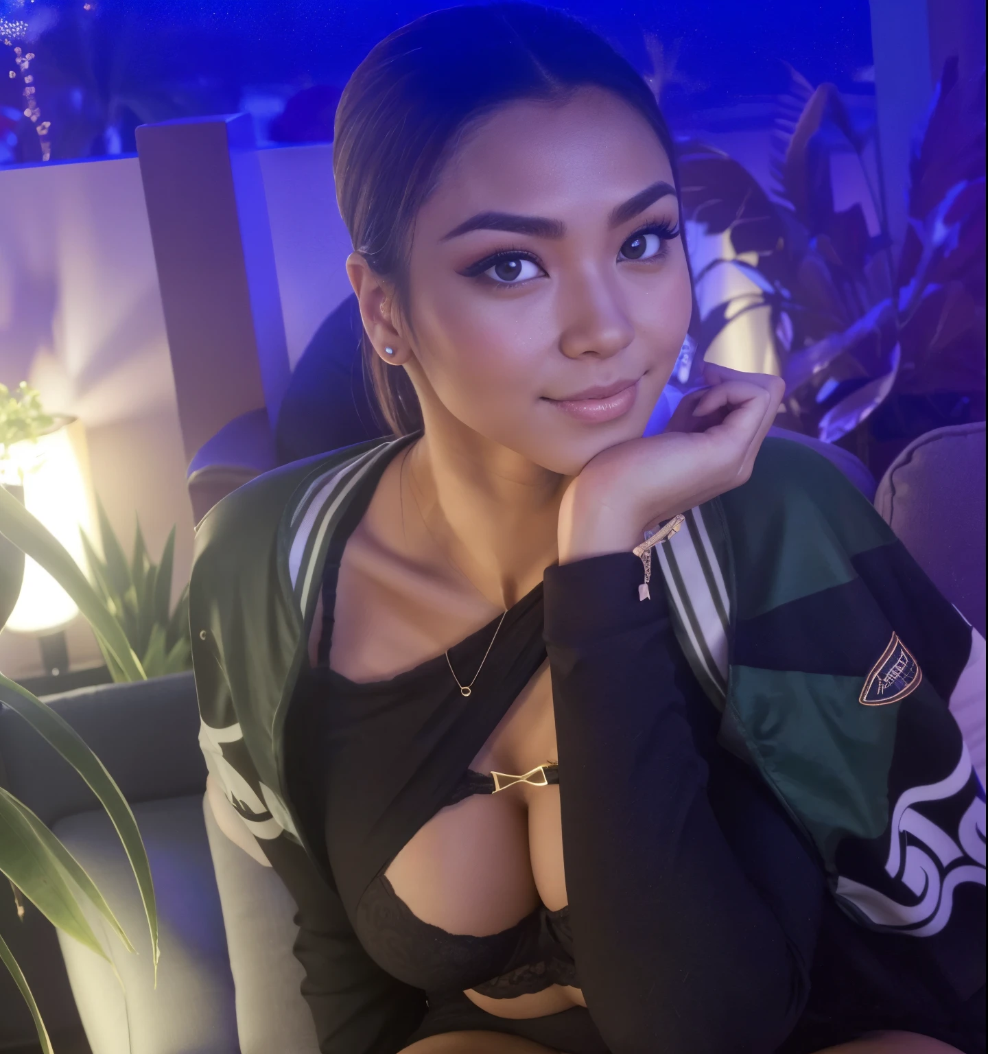 Young Thai woman, Fit physique, fitness physique, wearing sexy black lingerie sitting on the couch with legs open, corps sexy, (8k), (Best quality), (Masterpiece:1.3), (Realstic), (photoreallistic:1.34), Ultra-detailed, [beautiful detailed  eyes], (sourire), (sourire), (beautiful nose detailed), [very long blonde hair], (haut court), lingerie noire, (superbes seins taille normale), (gros plan), profondeur de champ, full body view, sitting on sofa, legs spread, showing crotch, pieds en l'air