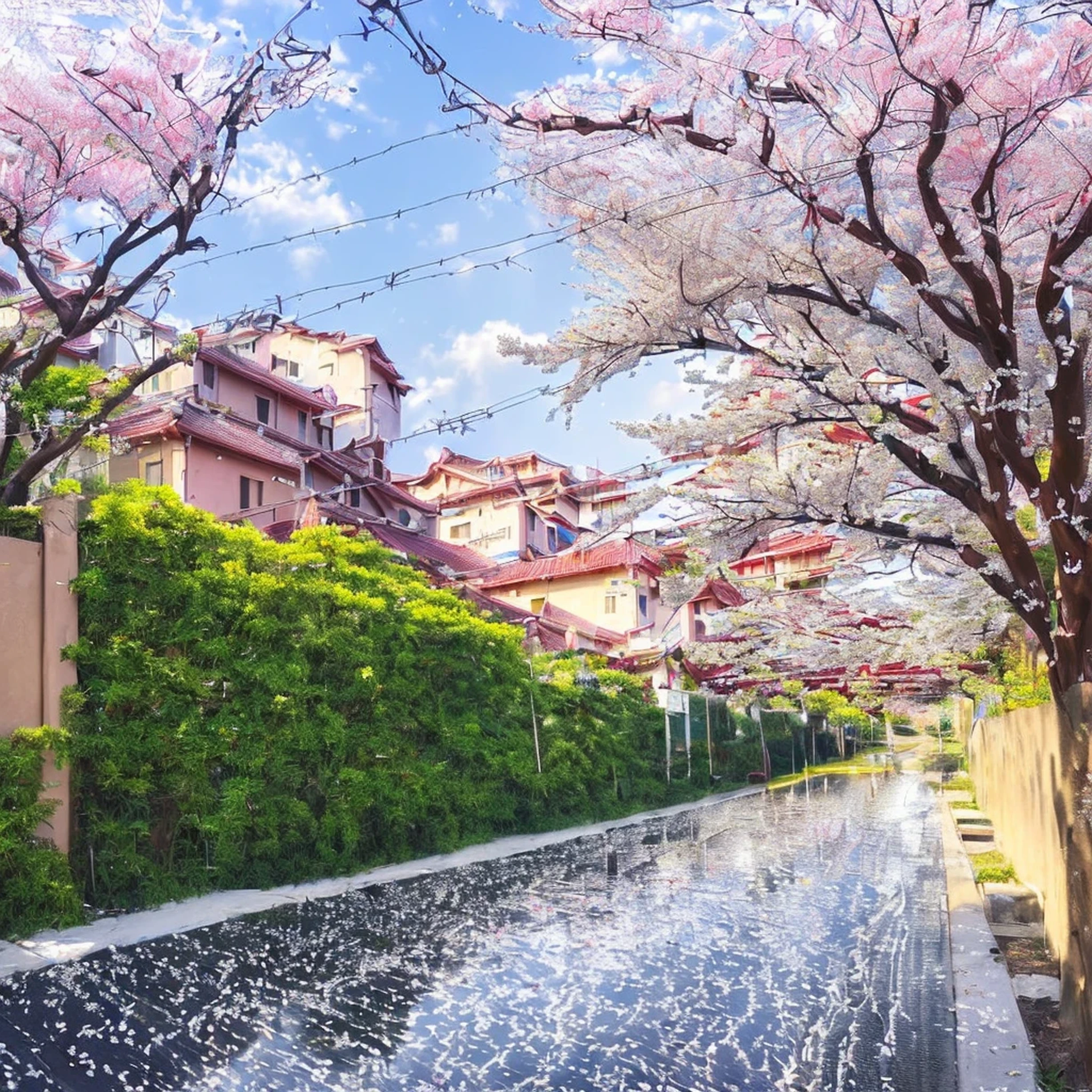 ((Ultra-realistic detail.) (Masterpiece, Top Quality, Best Quality, Official Art, Beauty and Aesthetics: 1.2), Very Detailed, Colorful, Most Detailed, Branches, Buildings, Barbed Wire, Cherry Blossoms, Fences, Long Hair, Outdoor, Petals, Landscape, Rain, Trees, Sky, Street, Real