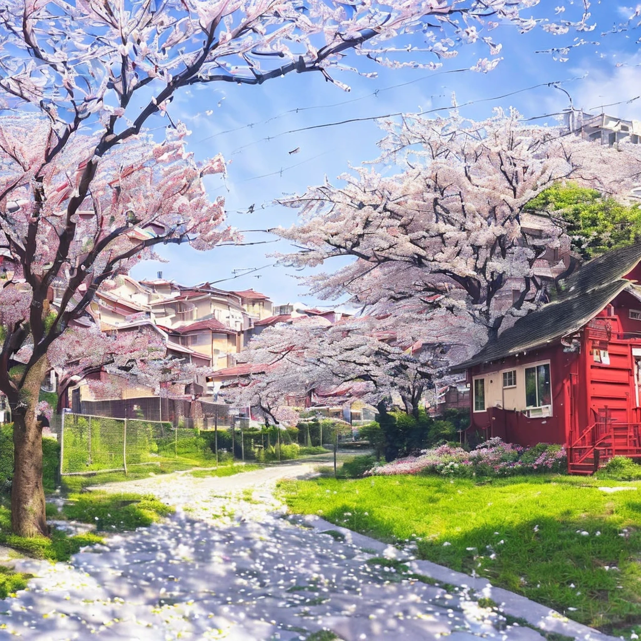 ((Ultra-realistic detail.) (Masterpiece, Top Quality, Best Quality, Official Art, Beauty and Aesthetics: 1.2), Very Detailed, Colorful, Most Detailed, Branches, Buildings, Barbed Wire, Cherry Blossoms, Fences, Long Hair, Outdoor, Petals, Landscape, Rain, Trees, Sky, Street, Real