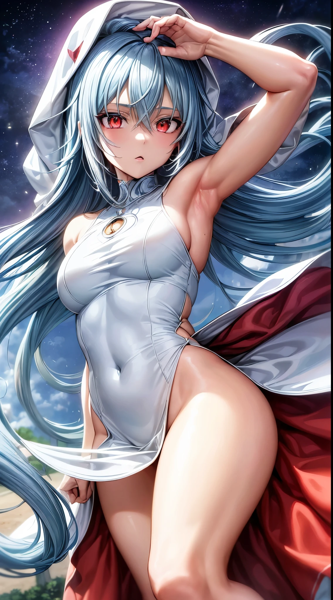 (um personagem de anime adolescente tensei shitara slime) Tempestade Rimuru, com olhos proeminentes e penetrantes de (((vermelho escarlate))), who exude an aura of cold determination and a sharp intelligence, (the hair is light sky blue), fluindo e suave, Boca neutra, olhar frio, reflecting an unshakable personality and indomitable spirit, The white hood that covers the character's head adds a touch of mystery and nobility., complementing its enigmatic and powerful presence, personagem completo, ((( sentado na floresta))), pele branca, Highly detailed scenery, (wearing a white sheet), foto de corpo inteiro, (cold expression)