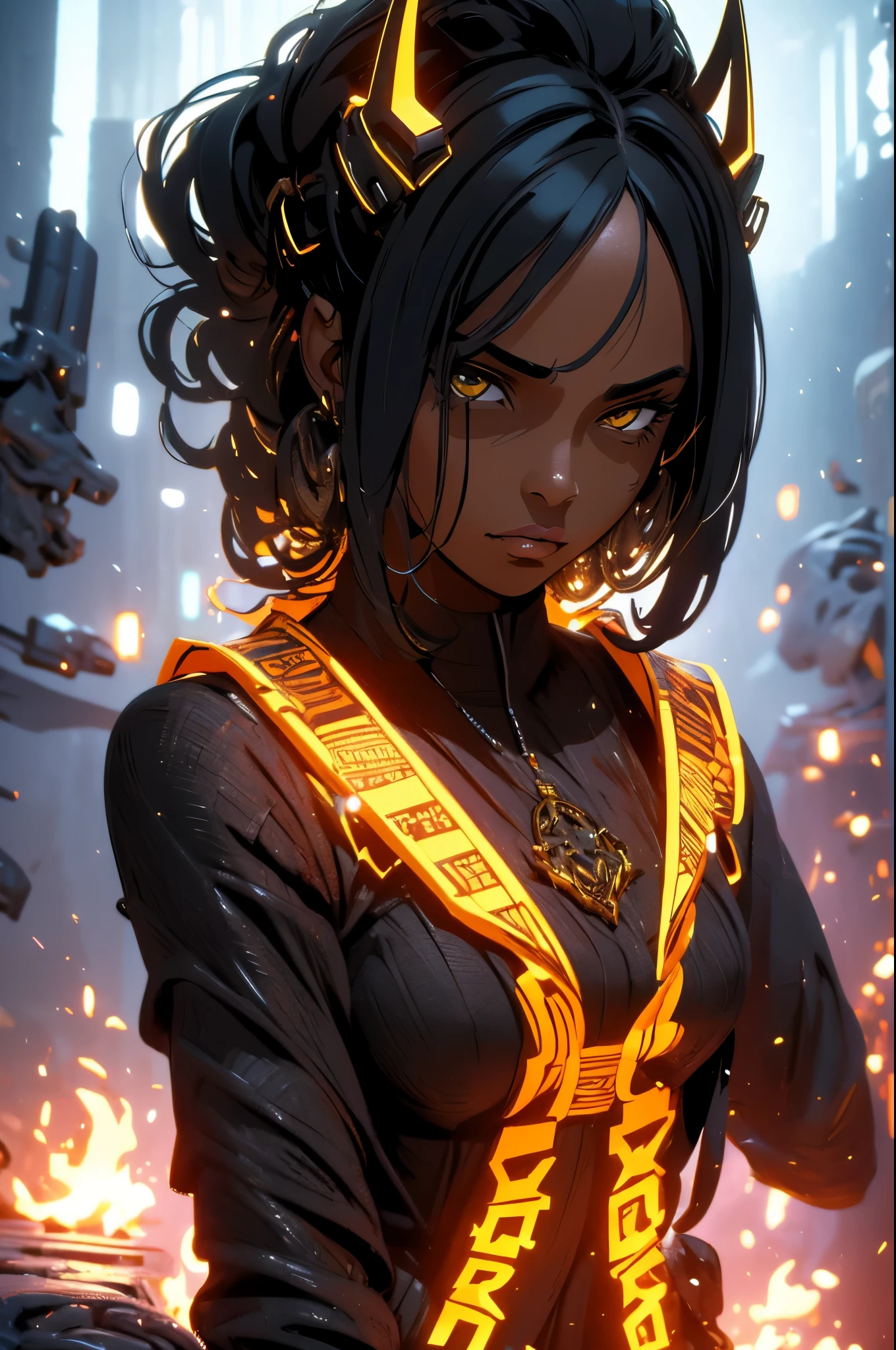 (super detail), high details, high quality, 8k, (masterpiece), best quality, dark skin, black woman, symmetrical, black hair, perfect face, intricate hair, side hair loop, black shirt, mommy dom, dominating figure, smug, intimidating, cold, great shading, mysterious figure, yellow sea beast armor, armor plating.