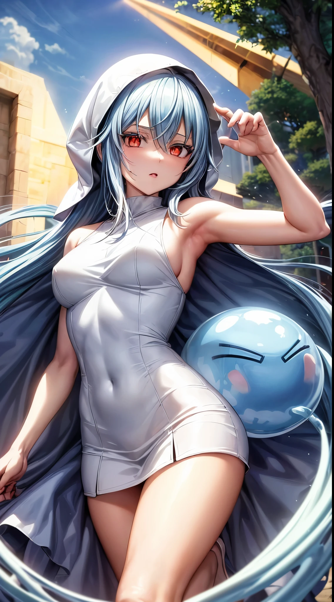 (um personagem de anime adolescente tensei shitara slime) Tempestade Rimuru, com olhos proeminentes e penetrantes de (((vermelho escarlate))), who exude an aura of cold determination and a sharp intelligence, (the hair is light sky blue), fluindo e suave, Boca neutra, olhar frio, reflecting an unshakable personality and indomitable spirit, The white hood that covers the character's head adds a touch of mystery and nobility., complementing its enigmatic and powerful presence, personagem completo, ((( sentado na floresta))), pele branca, Highly detailed scenery, (wearing a white sheet), foto de corpo inteiro, (cold expression)