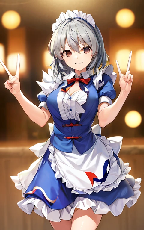 ((16 Nights Sakiya)), ((Touhou Project)), Cosplay, 20-year-old woman, (((gray hair)), ((medium spiky hair)), ((blue maid outfit)), ((white blouse)), midchest, (light)))), (pose))), (photorealistic photo: 1.3), rim lighting, (high detail skin:1.2), 8K UHD, dslr, high quality, high resolution, 4K, 8K, Bokeh, Absurdity, Best ratio four fingers and one thumb, (Real:1.3), Cutest 1 Girl, Lots of Knives