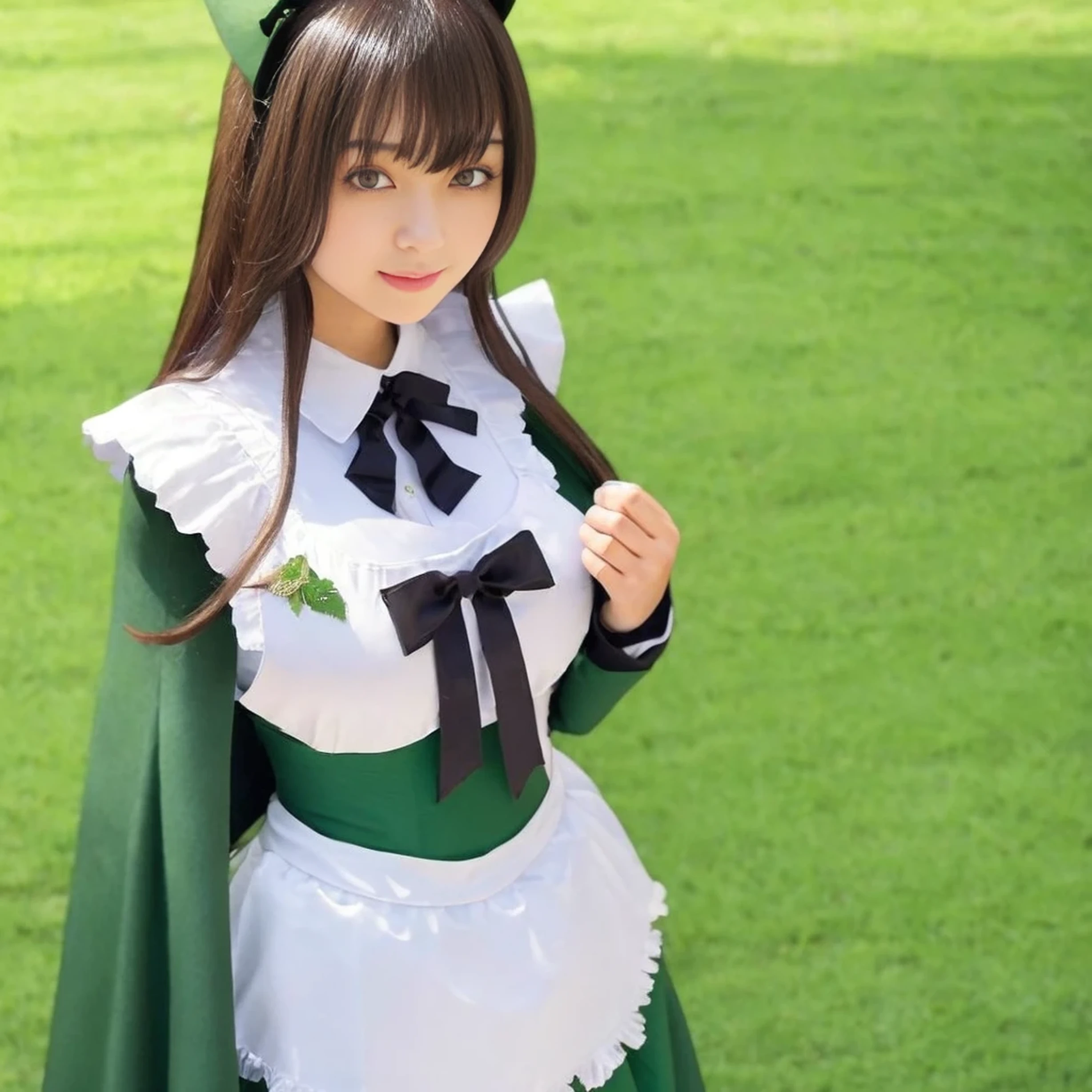 masterpiece, best quality, 1girl, solo, nahida_genshin, cross-shaped pupils, maid outfit, green cape, standing