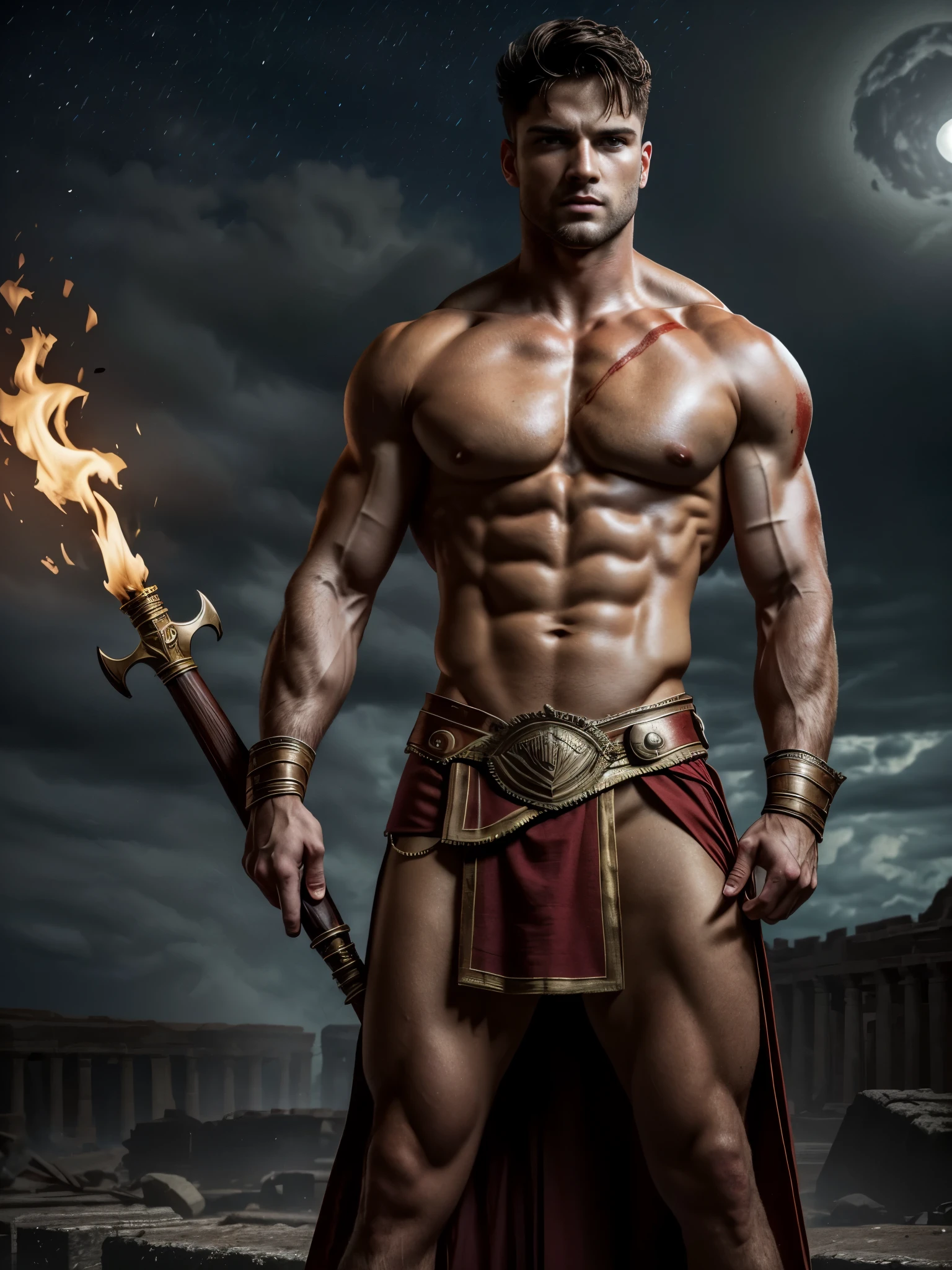 ((masterpiece)),((best quality)),8k, high detailed, ultra-detailed, Stylish Pose, real skin texture, cinematic lighting, full body shot, 35 mm lens, masculine, 26-year-old Italian male model, handsome Roman, he is the god of war, he is Ares, Mars, evil-looking, strong look, light blue eyes, strong jawline, dressed as a gladiator, ancient gladiator, male gladiator skirt, shaved face, short wavy hair, dark brown, shirtless, top naked, smoke, fire, open field, battle, background, blood on his chest, , , flawless skin, high detail, destroyed ancient Rome, ancient army in the background, dark cloudy night, night, ,,,,,