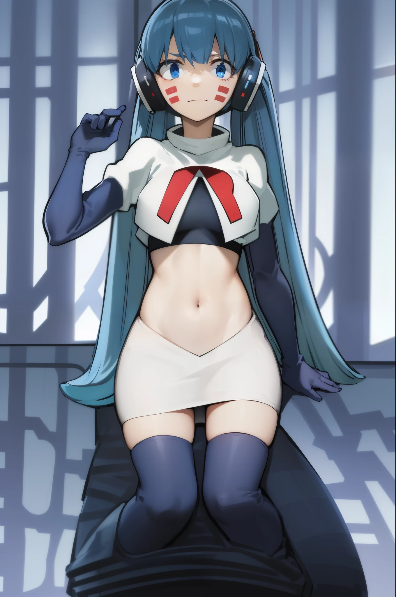 masterpiece, best quality, pov, harmit1, 1girl, solo, blue eyes, blue hair, long hair, twintails, facial mark, headphones,
team rocket,team rocket uniform, red letter R, white skirt,white crop top,black thigh-highs,black elbow gloves