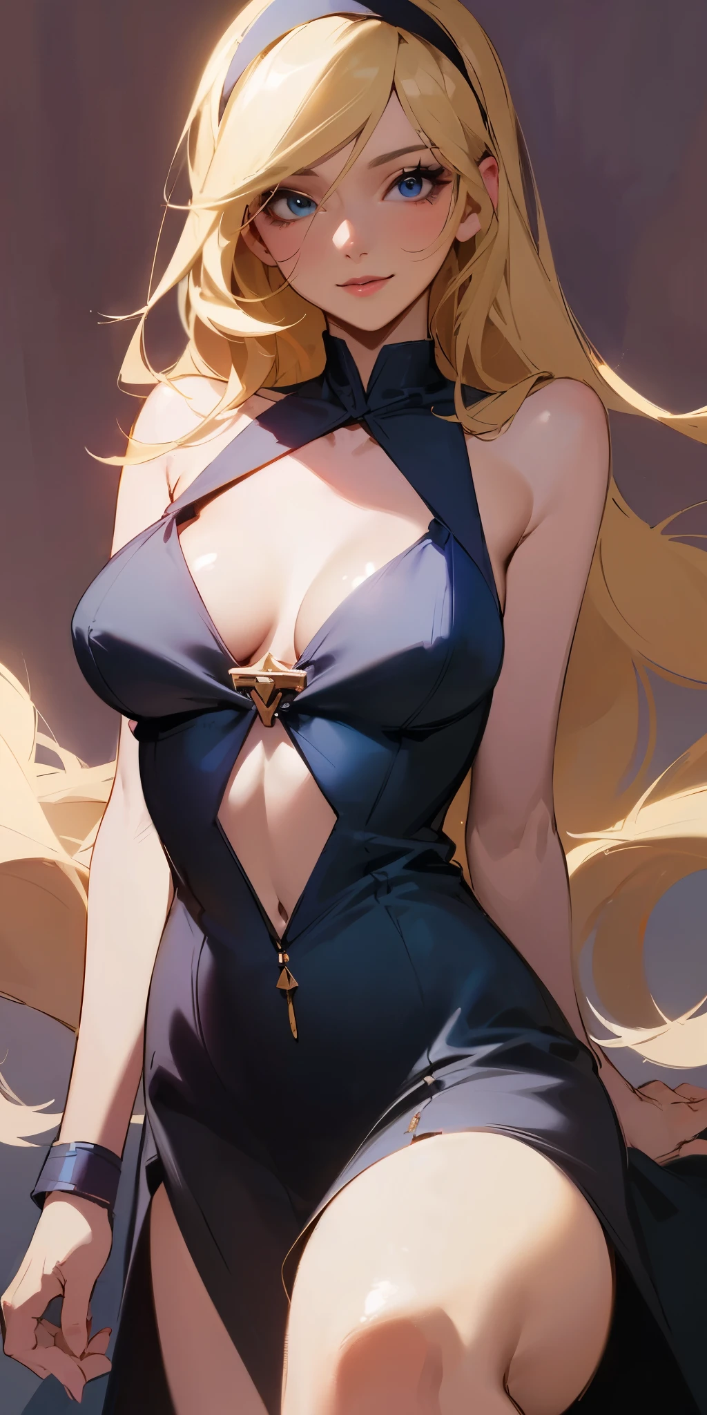 Rosalina, 36C breast, cleavage, blonde hair, shy smile, black lips, medium lips, black eueshadows, black eyeliners, navy blue dress, streched blue dress --auto --s2
