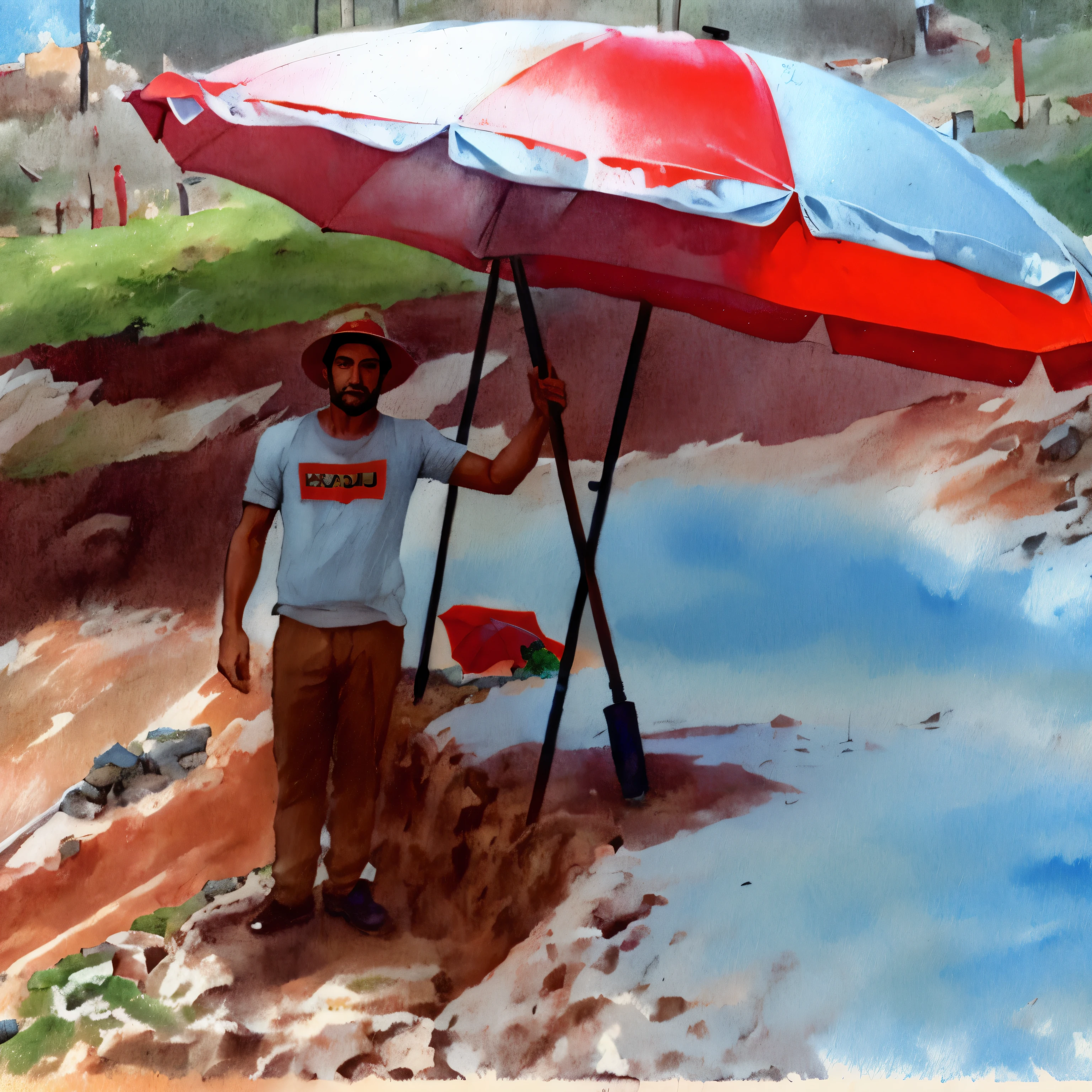 There is a man holding a red umbrella over a small hole, at an archaeological dig site, photo from the dig site, archaeological excavation scene, Pioneiro, cavado stanat, found on a volcano, Foto de capa, inovador, Imagem promocional, foto do cartaz, segurando guarda-chuva vermelho, Permacultura, ( ( illustration, standing with a parasol