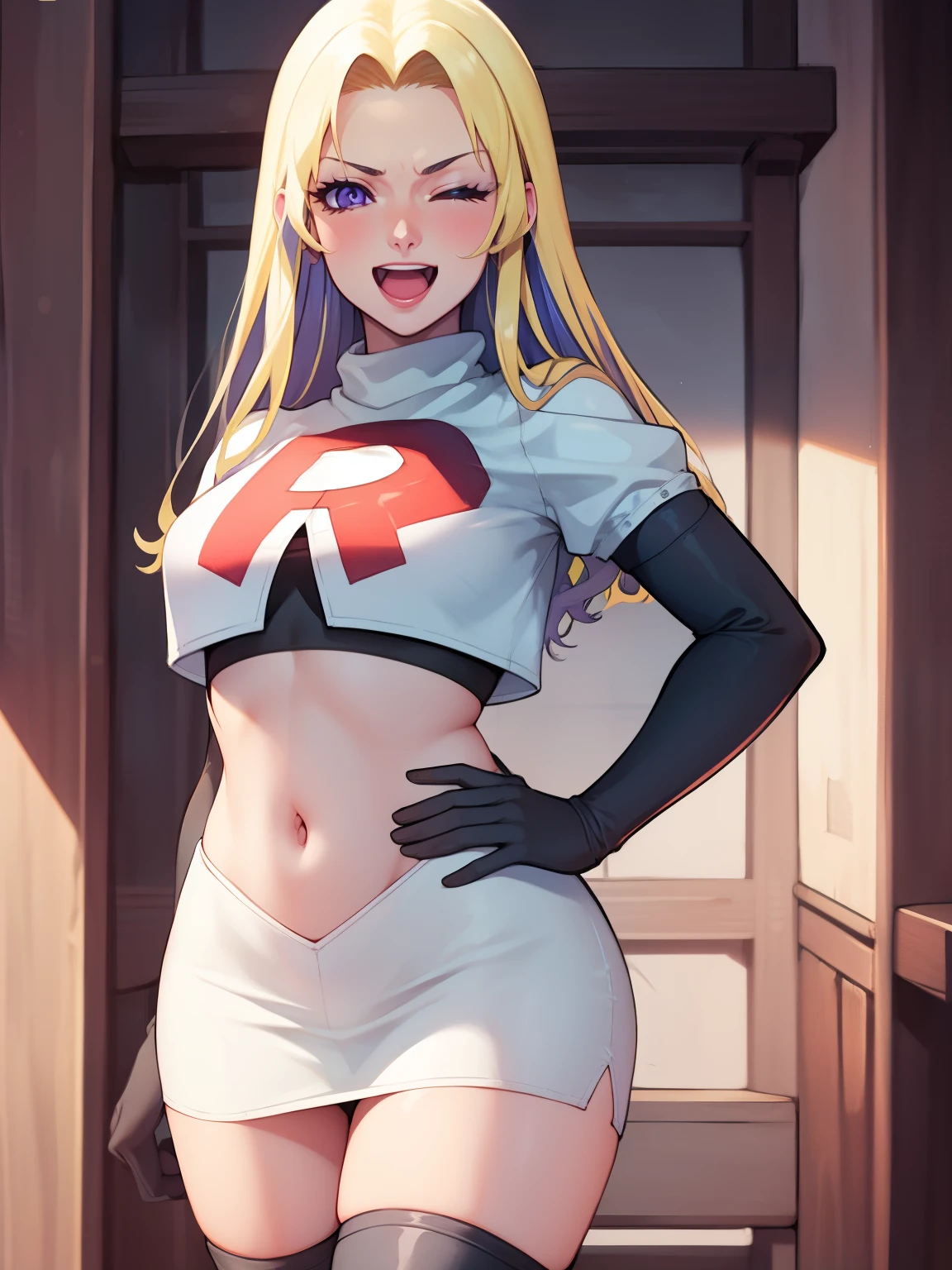 constance_timeskip, purple eyes glossy lips ,team rocket uniform, red letter R, white skirt,white crop top,black thigh-high boots, black elbow gloves, eyes closed ,smile ,evil laugh, looking at viewer, cowboy shot