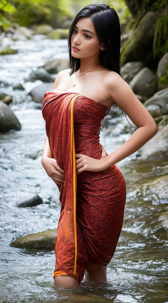 A Beautiful Girl, Age 18-25 years, long-haired, long-hairedถึงก้น, Fair-skinned, slim, enormous breasts, breast augmentation, small waist, flat stomach, elongated legs, waterfall, stream, river bank, natural, Thai sarong, Thai fabric pattern, bathe