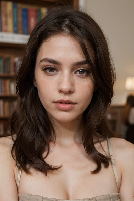 ((best quality)), ((masterpiece)), (detailed), perfect face realistic photo of beautiful woman with long dark brown hair, Russian, influencer, light freckles, dark brown eyes, big lips, no makeup, instagram, in a library, wearing thight brown dress