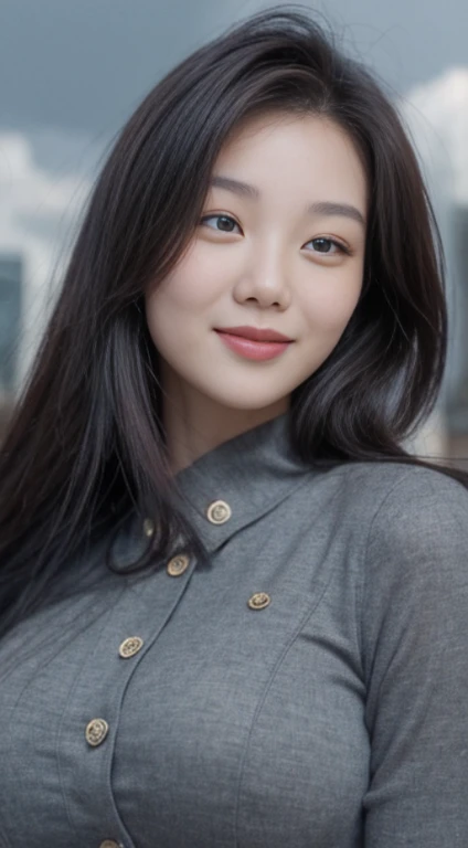 8k, high res, HQ, UHD, (photorealistic:1.4), masterpiece, hyper-realistic detailed photography of (beautiful korean girl), (kim you-jung:1.5), (wearing button blouse:1.3, long sleeve), 23 years old, (dynamic pose:1.4), (wonderful skyscape, clouds, cityview), slim fit body with a bit sweat, look at me, big boobs, sexypose, sagging breast, detailed body feature, proportional perfect body, petite posture, detailed perfect hand, good hand, clear bright skin, lustly look, symmetricaly face, perfect face feature, detailed face, Intricate detailed grey blue eyes, seductive smile, detailed perfect lips, a tiny mouth, detailed brunette hair, style with bang, perfect composition, dynamic lighting, summer atmosphere, natural blue colors, wide angle shot, seen from below, focus on face, dramatic lighting, photon mapping