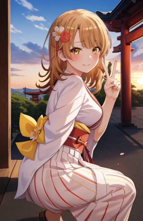 masutepiece, High quality, Best Quality, High resolution, 4K, High Definition, Beautiful lighting,Highly detailed face, well-drawn hands, well-drawn legs,well-drawn feet,well-drawn eyes,1girl in, iroha, Brown hair, The long-haired， hair tied back，flower hair ornament，yellow kimono，Furisode，long  skirt，Zouri，shrines，Sunrise， Smiling , red lines under eyes, Close both eyes, girl peace pose, girl peace sign, (((from the front side))) ,Medium breasts