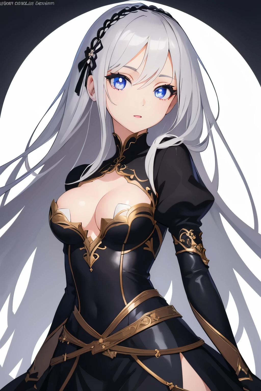 1girl, anime, cute girl, blank background, white background, fantasy, detailed dark fantasy dress with highlights, beautiful face, beautiful eyes, dark colors, silver hair, slightly small breasts, slight cleavage, beautiful skin, cute, breast curtains, extremely delicate and beautiful, (beautiful detailed face:1.0), (detailed deep eyes), symmetrical breasts, deep eyes, shiny skin, portrait, slender waist, hips wider than shoulders, thighs, young girl, expressionless