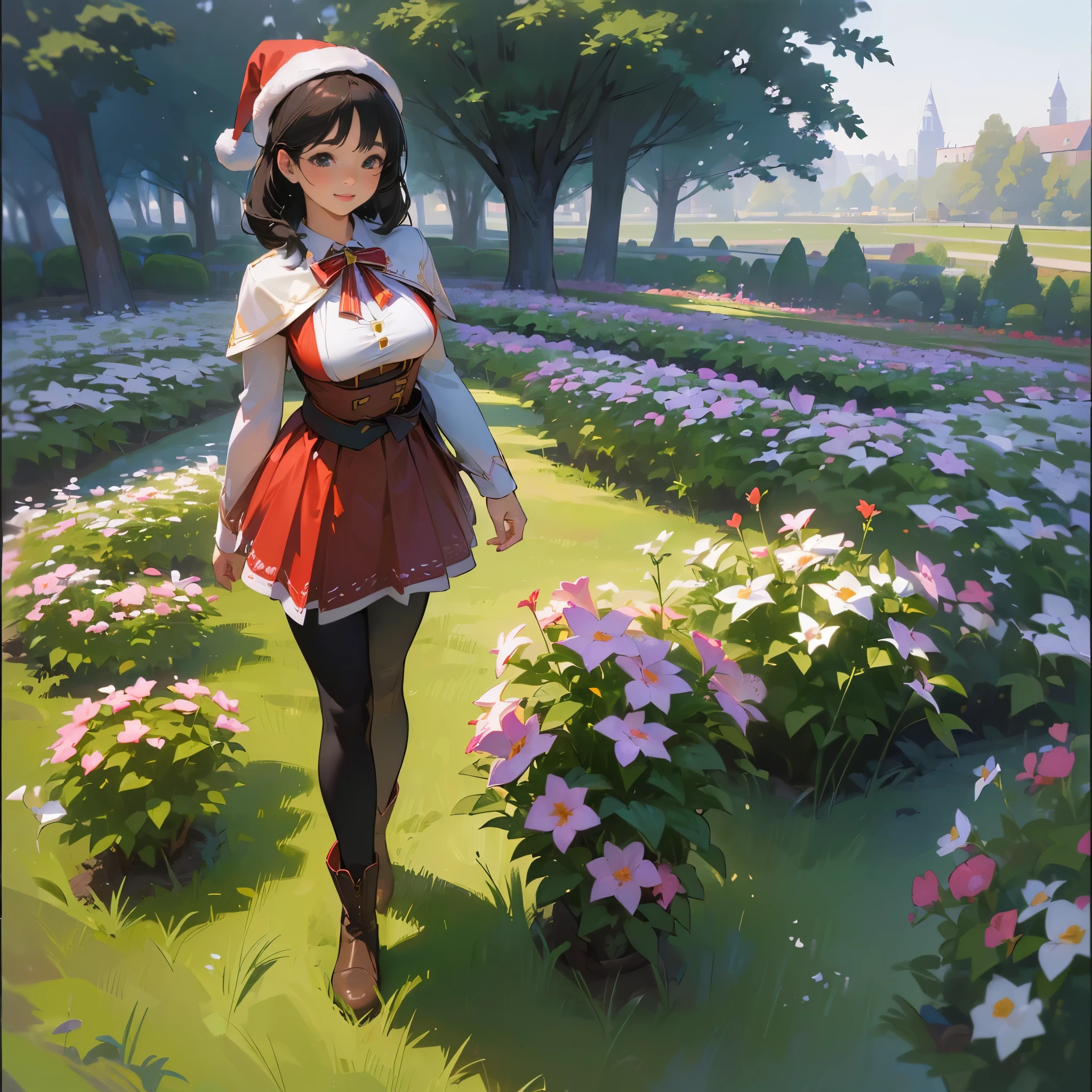 (High quality, High resolution, Ultra-detailed, Realistic:1.37), peaceful ambiance, (plein air, garden), Teenage girl standing alone, (My breasts are big.), Beautiful detailed features, Cute smile, (Black bob hair), Santa Claus costume, a red skirt, Black tights, Brown boots.