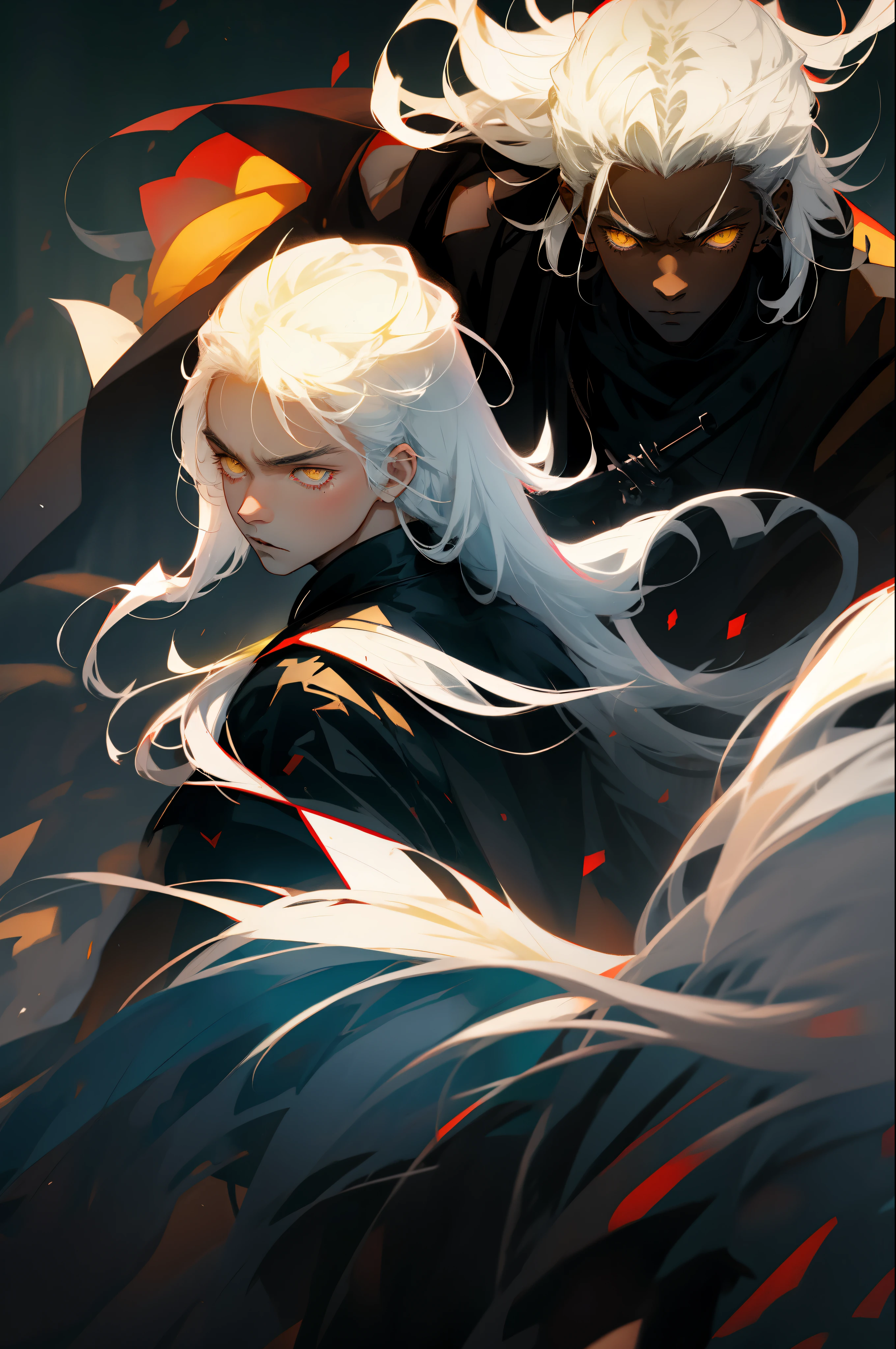 Anime,
boy black clothes black coat 1 black katana Black hair, fight, boy white hair ,yellow eyes ,covered in bandages, white clothes unarmed, dark warehouse, soft light, night