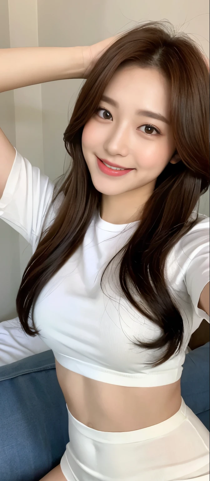 White tight shirt、White tight mini skirt、a bed、a smile、shortsleeves、high-level image quality、Hallyu Idol Face