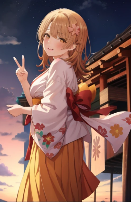 masutepiece, High quality, Best Quality, High resolution, 4K, High Definition, Beautiful lighting,Highly detailed face, well-drawn hands, well-drawn legs,well-drawn feet,well-drawn eyes,1girl in, iroha, Brown hair, The long-haired， hair tied back，flower hair ornament，yellow kimono，Furisode，long  skirt，Zouri，shrines，Sunrise， Smiling , red lines under eyes, Close both eyes, girl peace pose, girl peace sign, (((from the front side))) ,Medium breasts