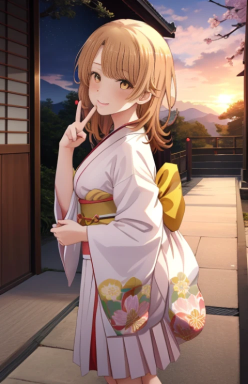 masutepiece, High quality, Best Quality, High resolution, 4K, High Definition, Beautiful lighting,Highly detailed face, well-drawn hands, well-drawn legs,well-drawn feet,well-drawn eyes,1girl in, iroha, Brown hair, The long-haired， hair tied back，flower hair ornament，yellow kimono，Furisode，long  skirt，Zouri，shrines，Sunrise， Smiling , red lines under eyes, Close both eyes, girl peace pose, girl peace sign, (((from the front side))) ,Medium breasts