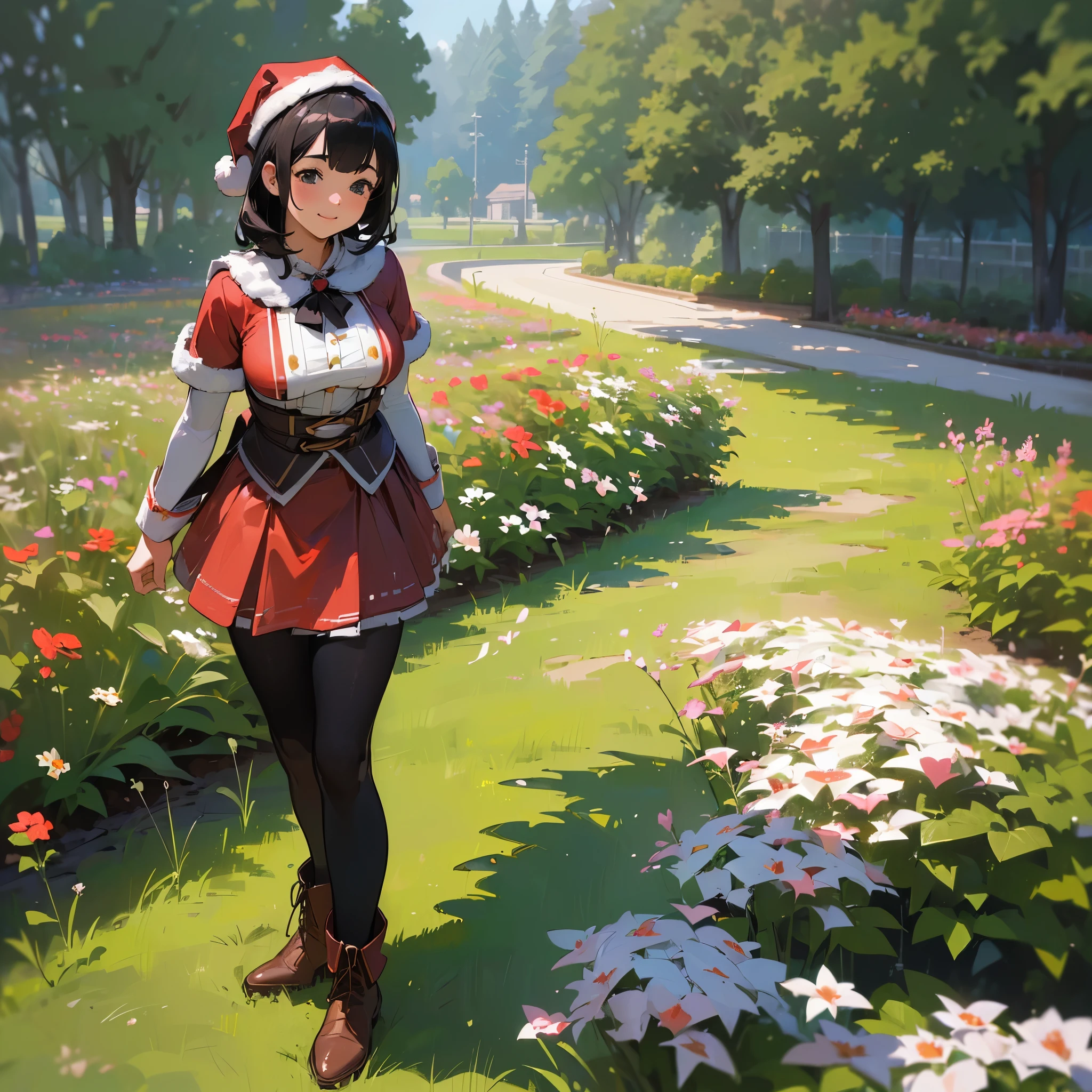 (High quality, High resolution, Ultra-detailed, Realistic:1.37), peaceful ambiance, (plein air, garden), girl standing alone, (My breasts are big.), Beautiful detailed features, Cute smile, (Black bob hair), Santa Claus Costume, a red skirt, Black tights, Brown boots.