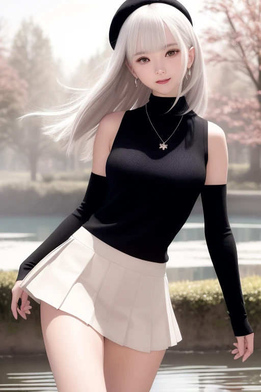 (Short flowy haircut) ,(((winter season))), symmetrical Bob haircut with over the shoulder and side swept brow length bangs, (((white hair))), ((winter landscape with trees and a small pond in the background)) , ultra detailed, young Japanese woman , wearing simple pearl earrings and heart shaped necklace, beautiful face, ((wearing a black sleeveless turtleneck sweater)), (((medium pleated skirt))) , ((hair flowing beautifully in the wind)) , perfect smooth legs, ((((one leg is raised up high)))),  (((contrast rich rim lighting from both sides))) , ((very short red finger nail polish)), (laced up boots) , (realistic eyes) , (large sized breasts) , thick calves, correct anatomy, tony taka art style, (falling snow),ultra wide angle view, ((cinematic depth of field)), bokeh particles, (((arms between thighs))) , (cute smile with closed mouth), wearing a cute beret with a cute bow, round filled lips, ((black socks)) , bare arms, (leaning forward)