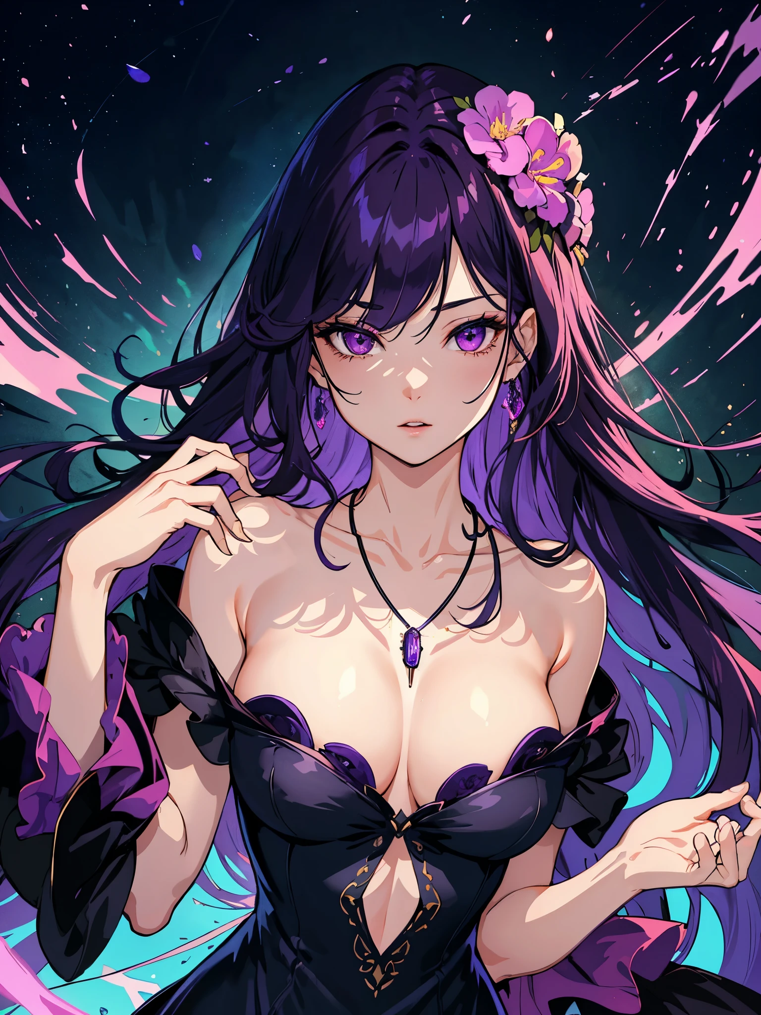 hight resolution, topquality, illustartion, overdetalization, (detaled face), (Detail Eyeeste-Qualit, hyper-detailing, tmasterpiece, Fine lines, 1 middle aged girl, 独奏, long purple hair, violet eyes, black velvet dress, a necklace, gloweyes, Average Breasts, upper-body, Beautiful Night Park