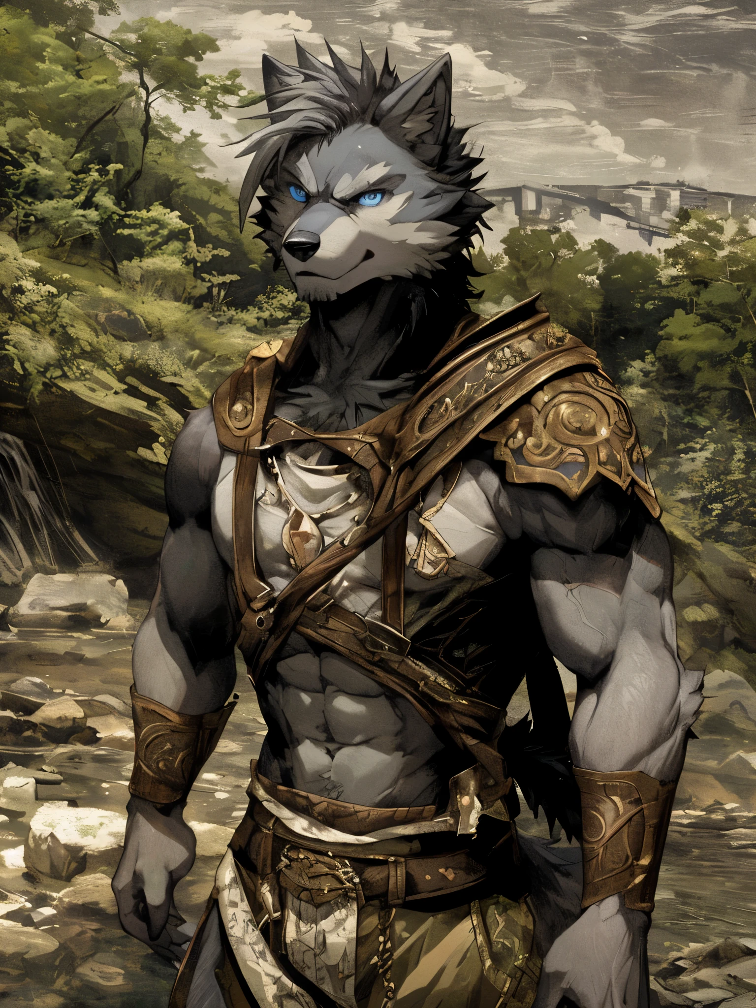 Masterpiece, solo, male, Wolf furry, grey fur, blue eyes, Short Gray Hair, handsome, good looking, muscular, fierce, cool pose