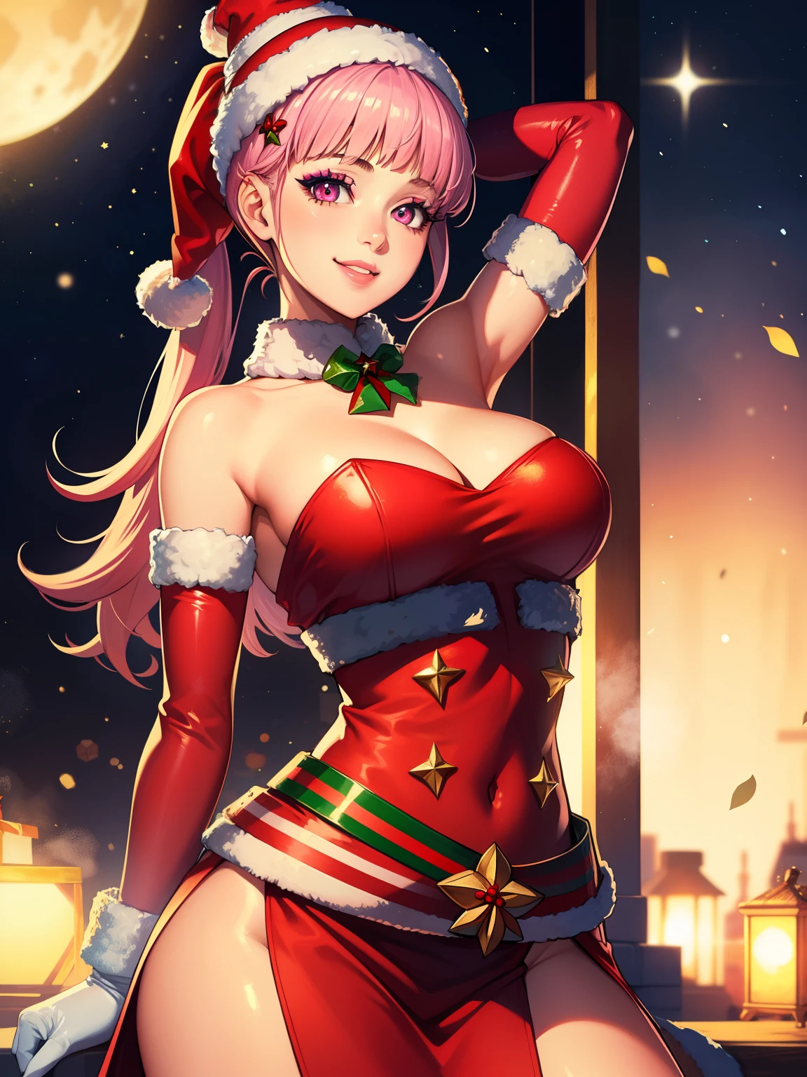 1girl, solo, masterpiece, best quality, high res, highly detailed, (illustration), beautiful detailed eyes, hilda valentine goneriltwintails, pink eyes ,glossy lips, makeup, smile, long white elbow gloves, cowboy shot, (santa), red santa dress, santa hat, strapless dress