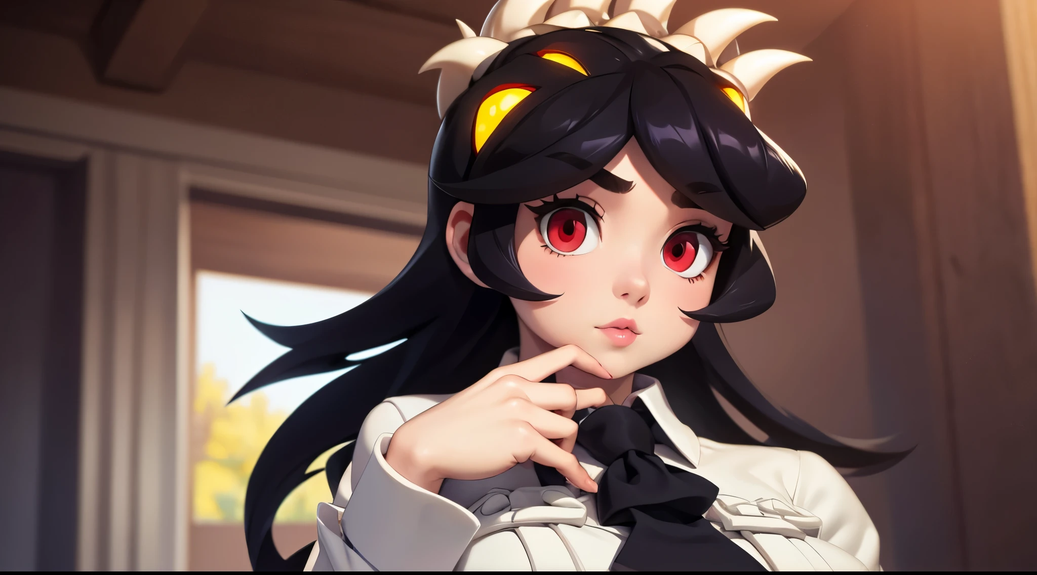 Filia, long hair, detailed eyes, cute pink lips, big breasts, huge boobs, small hips, big buttocks, big thighs, detailed and feminine hands, cute nails, white shirt, small black tie, medium black skirt, black socks, brown shoes, anatomically correct body, correctly drawn hands, detailed image, work of art, masterpiece, detailed image, detailed and realistic background, well defined, high definition