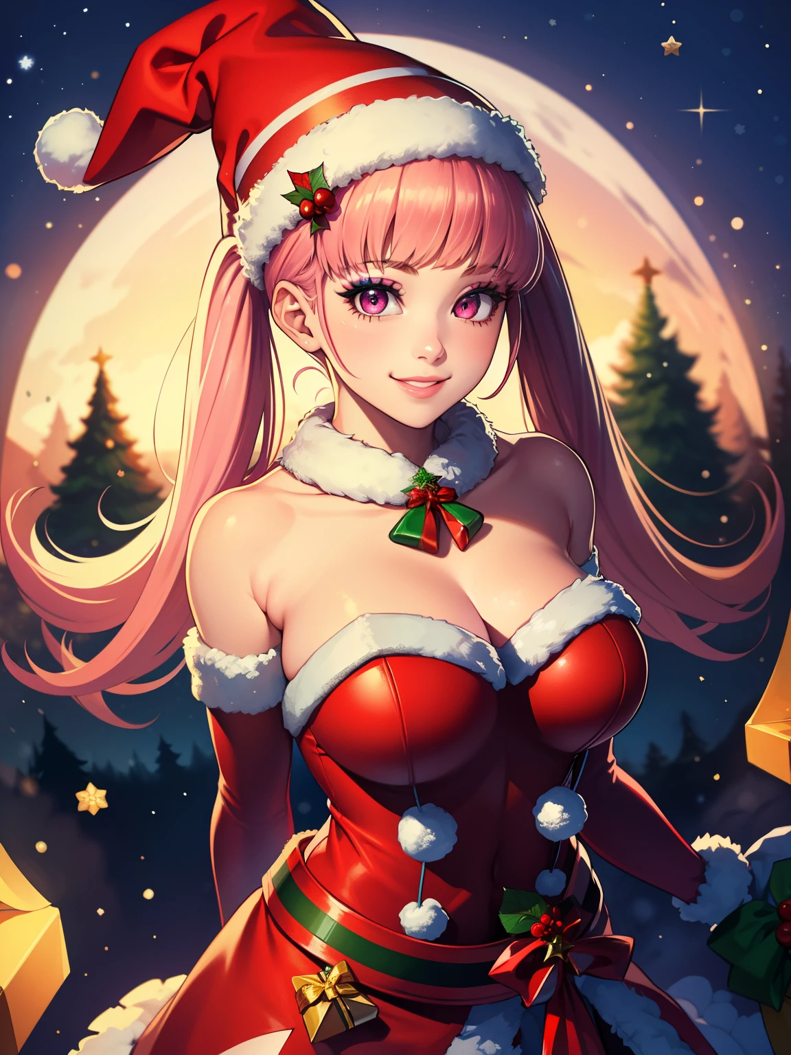 1girl, solo, masterpiece, best quality, high res, highly detailed, (illustration), beautiful detailed eyes, hilda valentine goneriltwintails, pink eyes ,glossy lips, makeup, smile, long white elbow gloves, cowboy shot, (santa), red santa dress, santa hat, strapless dress